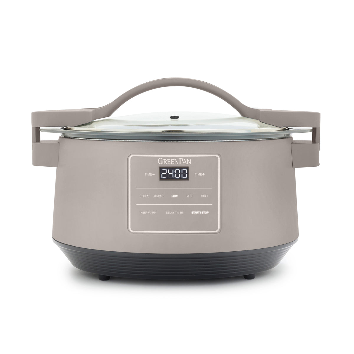 Clay-colored 8-quart slow cooker with locking glass lid, display screen, and side handles.