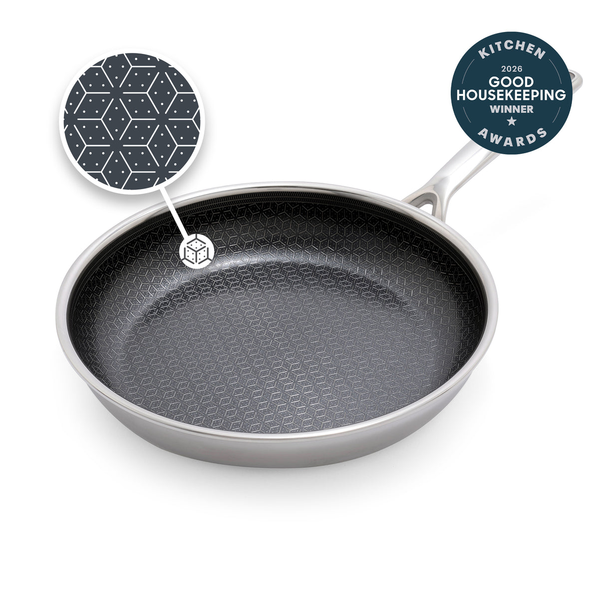 10-inch hybrid ceramic frypan with a hexagon pattern and silver handle, single piece shown.
