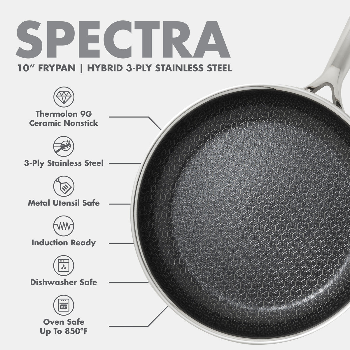 Top-down view of a 10-inch hybrid ceramic nonstick frypan with a stainless steel handle, black interior, and silver exterior.