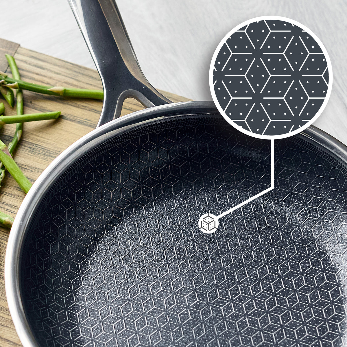 Hybrid ceramic nonstick frypan with geometric surface detail, placed on wood next to fresh green beans.