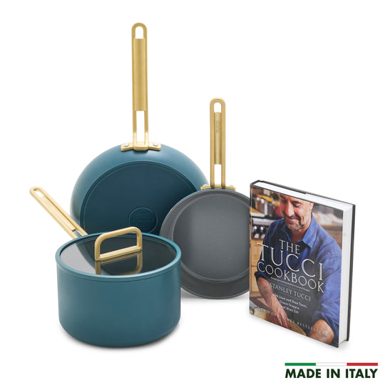Stanley Tucci™ Ceramic Nonstick 4-Piece Chef Set with The Tucci Cookbook | Venetian Teal