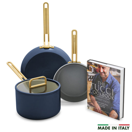 Stanley Tucci™ Ceramic Nonstick 4-Piece Chef Set with The Tucci Cookbook | Marino Blue