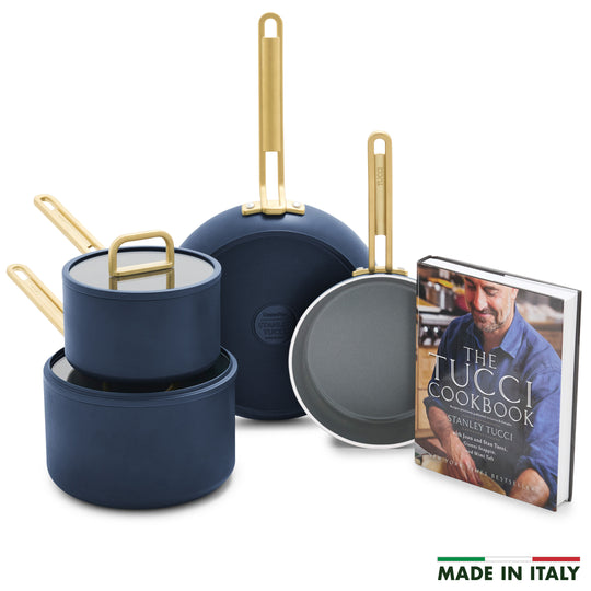 Stanley Tucci™ Ceramic Nonstick 6-Piece Cookware Set with the Tucci Cookbook | Marino Blue