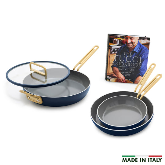 Stanley Tucci™ Ceramic Nonstick 4-Piece Frypan Set with The Tucci Cookbook | Marino Blue