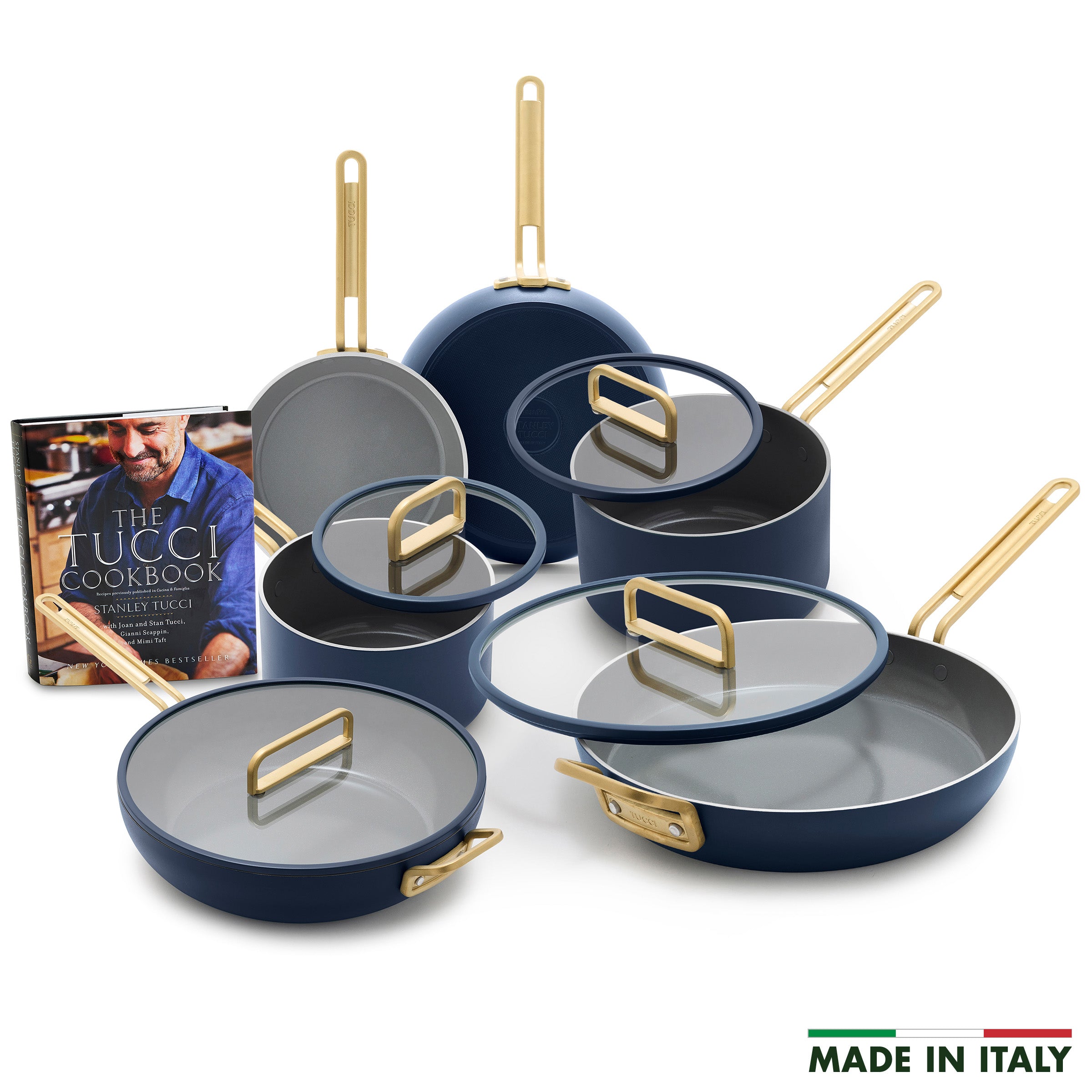 Stanley Tucci™ Ceramic Nonstick 10-Piece Cookware Set with the Tucci Cookbook | Marino Blue