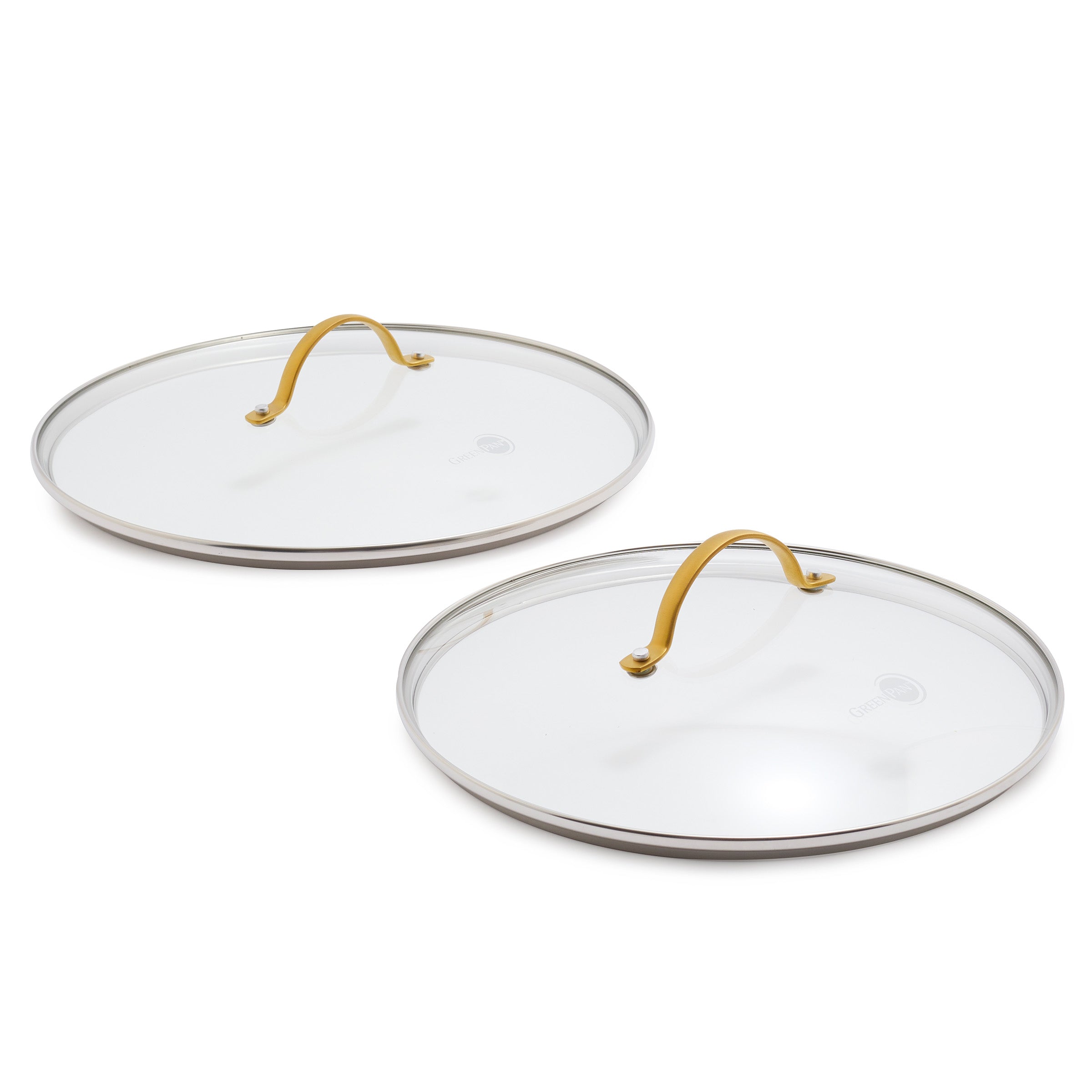 Two glass lids with yellow handles, 10-inch and 12-inch sizes, displayed side by side on a white background.