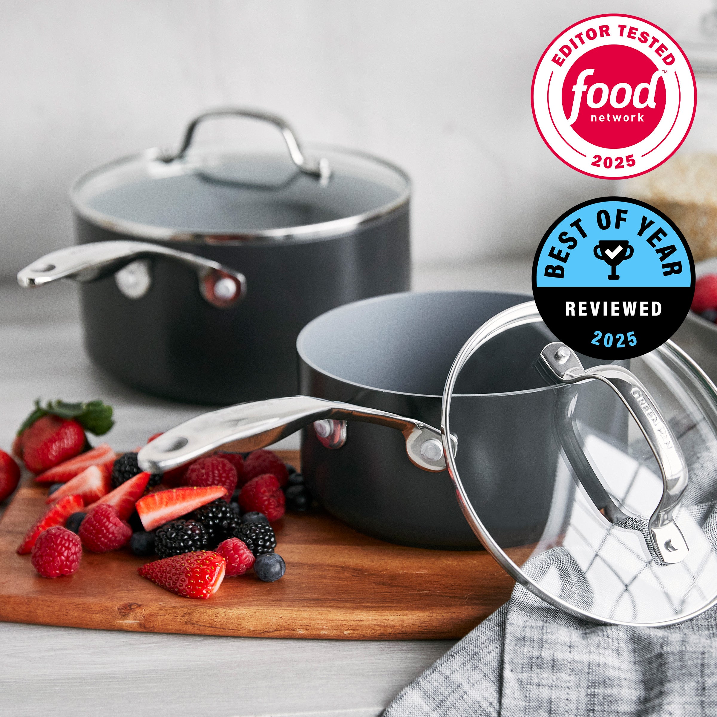 Valencia Pro Ceramic Nonstick 1.5-Quart and 3-Quart Saucepan Set with Lids | Gray