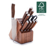 12-piece titanium cutlery set with walnut handles, arranged next to an FSC logo.
