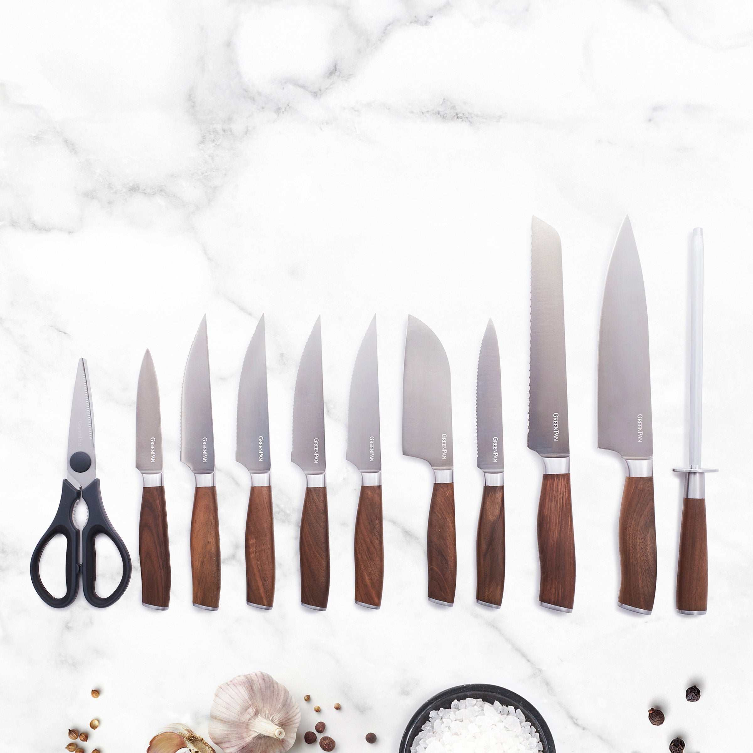 Premiere Titanium Cutlery 12-Piece Knife Block Set with Walnut Handles