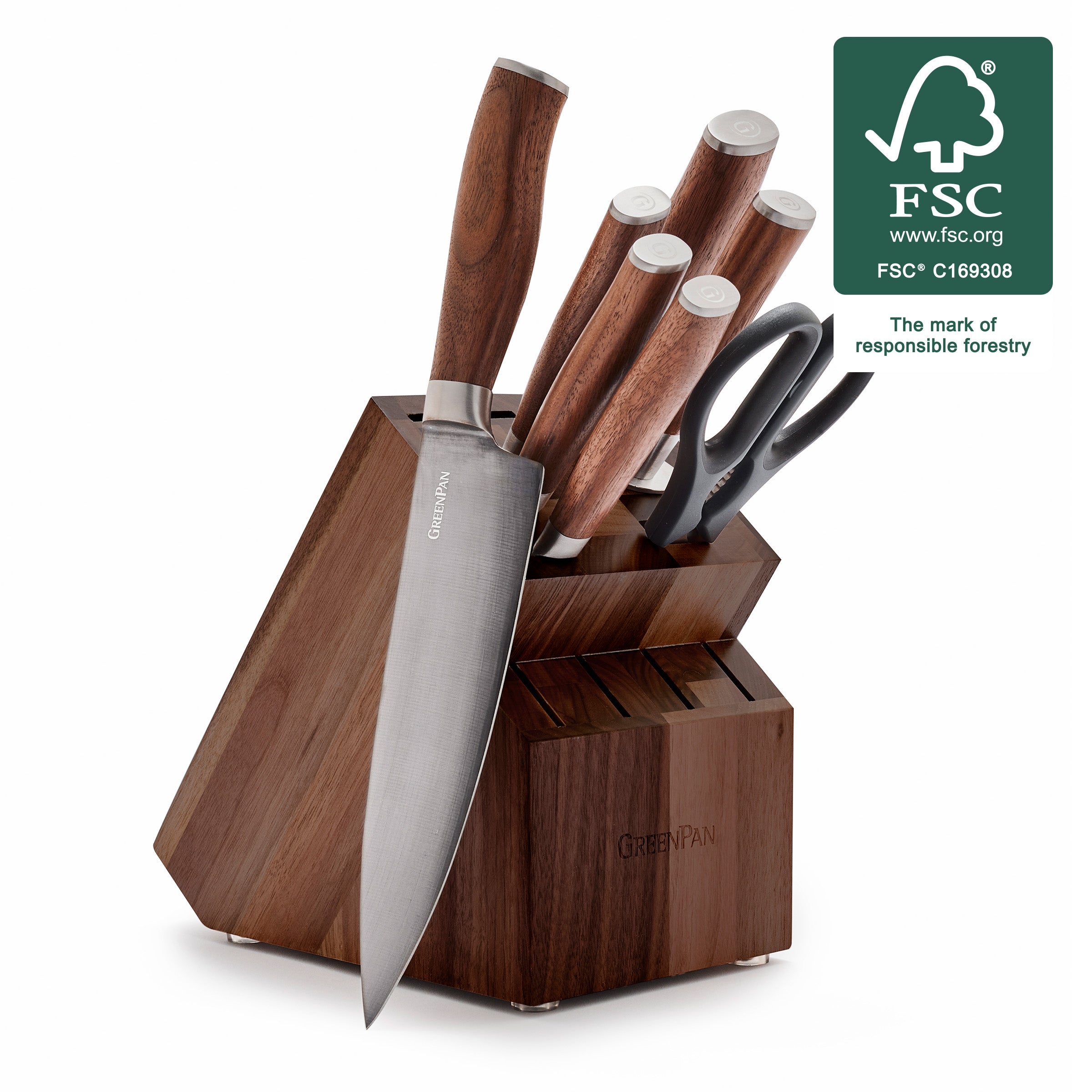 GreenPan Premiere Titanium Cutlery 8-Piece Knife Block Set with Walnut Handles