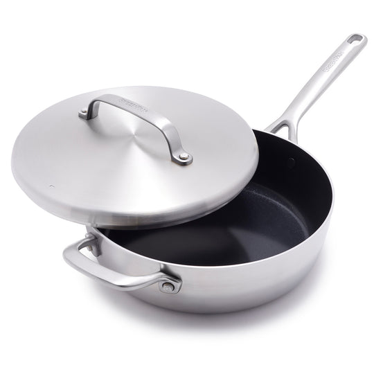 GP5 Stainless Steel 4-Quart Sauté Pan with Lid and Helper Handle | Mirror Handles