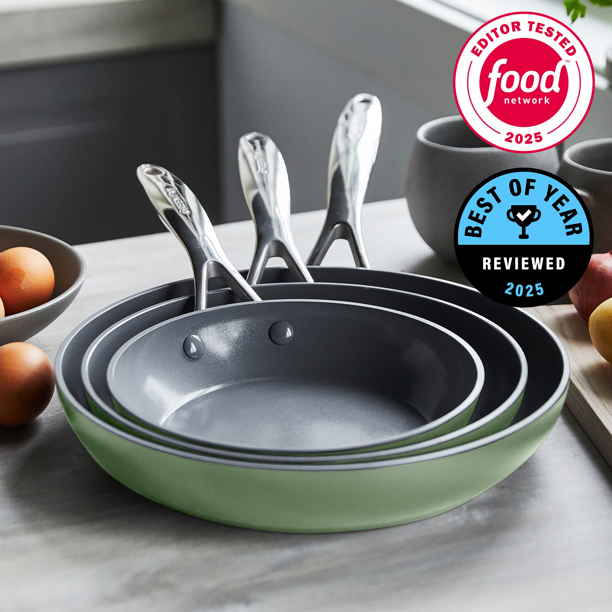 Valencia Pro Ceramic Nonstick 8", 9.5", and 11" Frypan Set | Sage