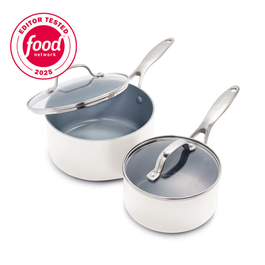 Valencia Pro Ceramic Nonstick 1.5-Quart and 3-Quart Saucepan Set with Lids | Cream