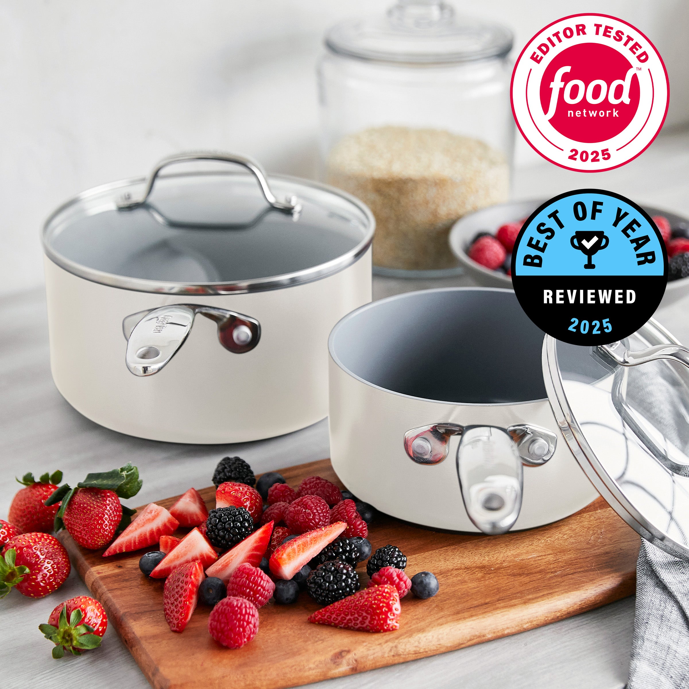 Valencia Pro Ceramic Nonstick 1.5-Quart and 3-Quart Saucepan Set with Lids | Cream