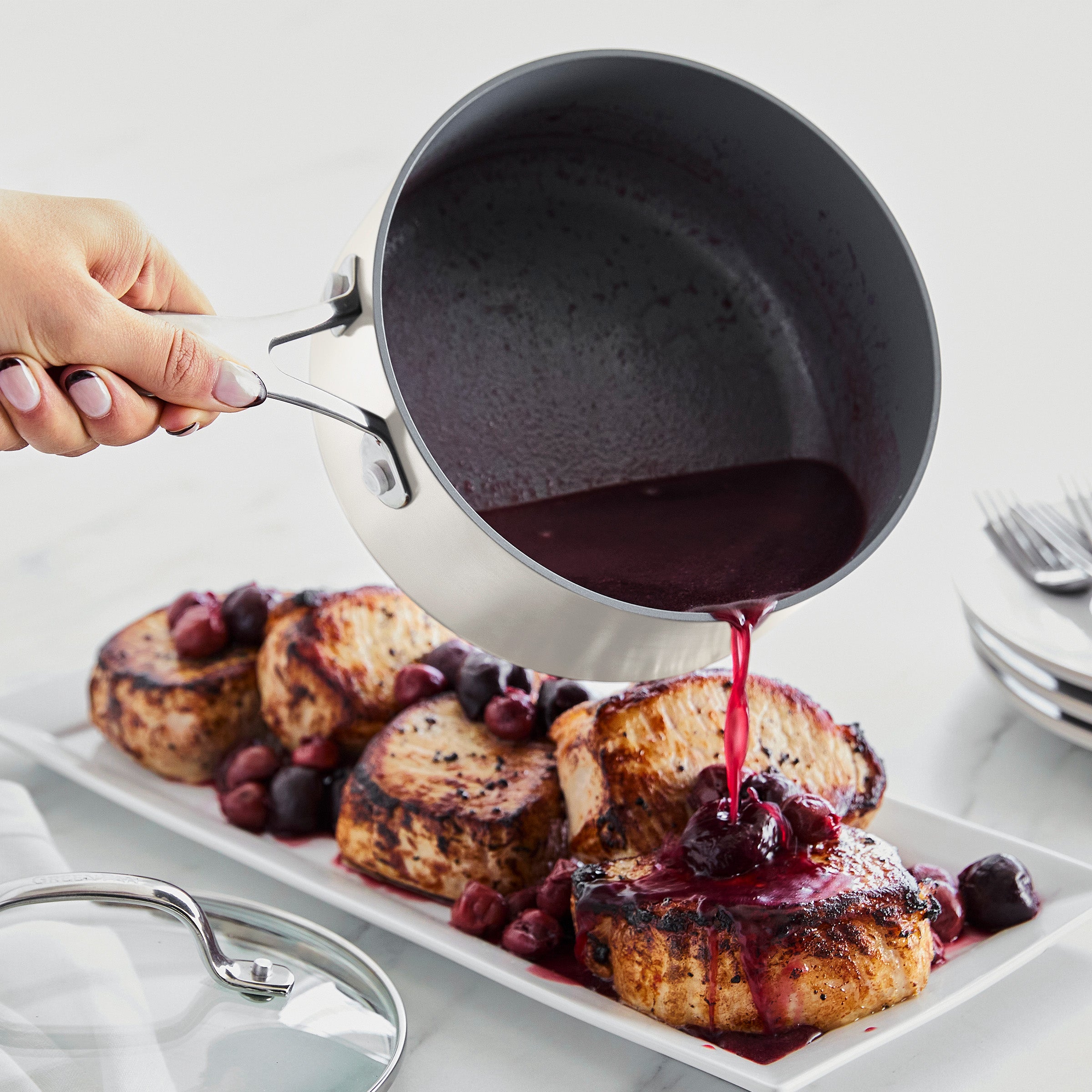 Valencia Pro Ceramic Nonstick 1.5-Quart and 3-Quart Saucepan Set with Lids | Cream