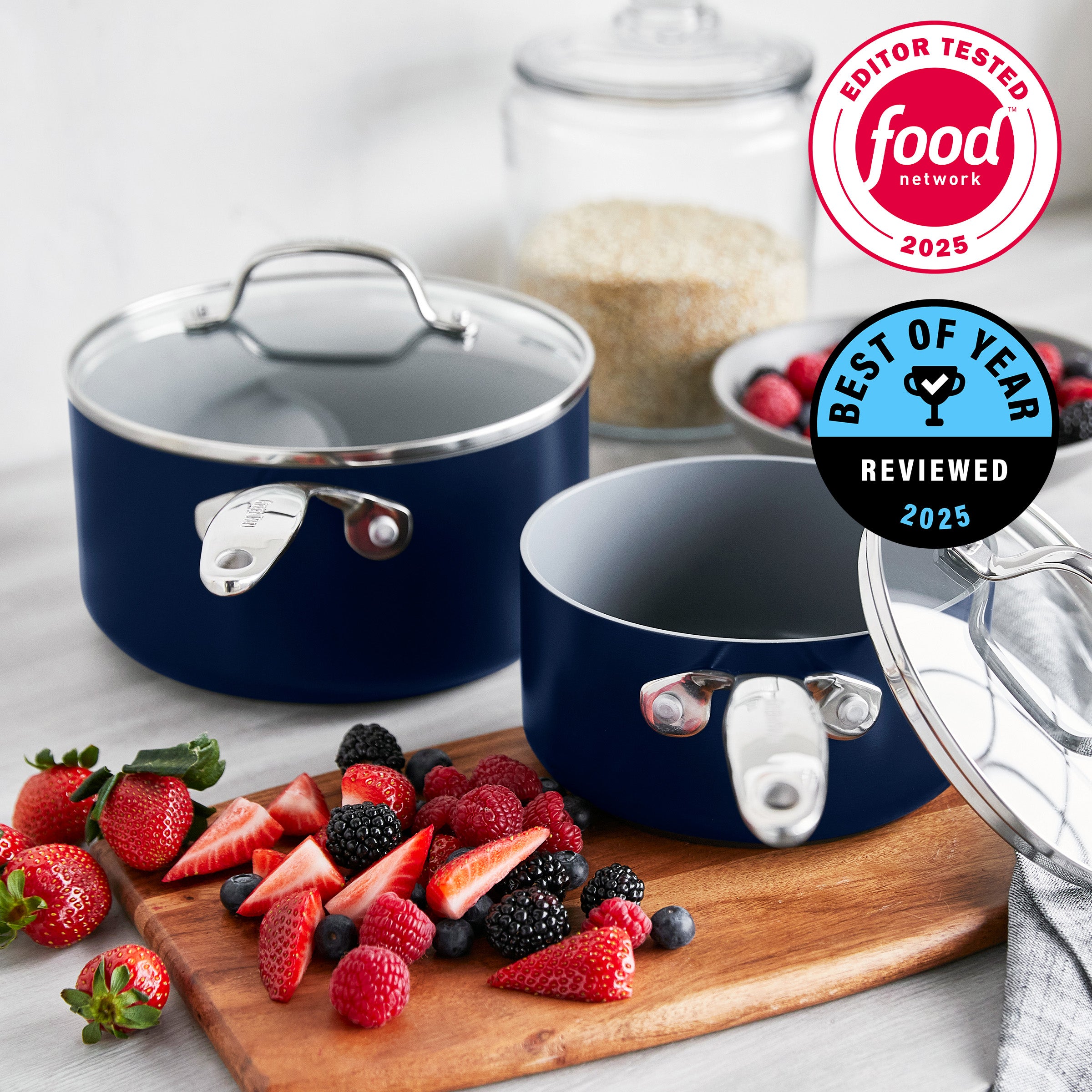 Valencia Pro Ceramic Nonstick 1.5-Quart and 3-Quart Saucepan Set with Lids | Twilight