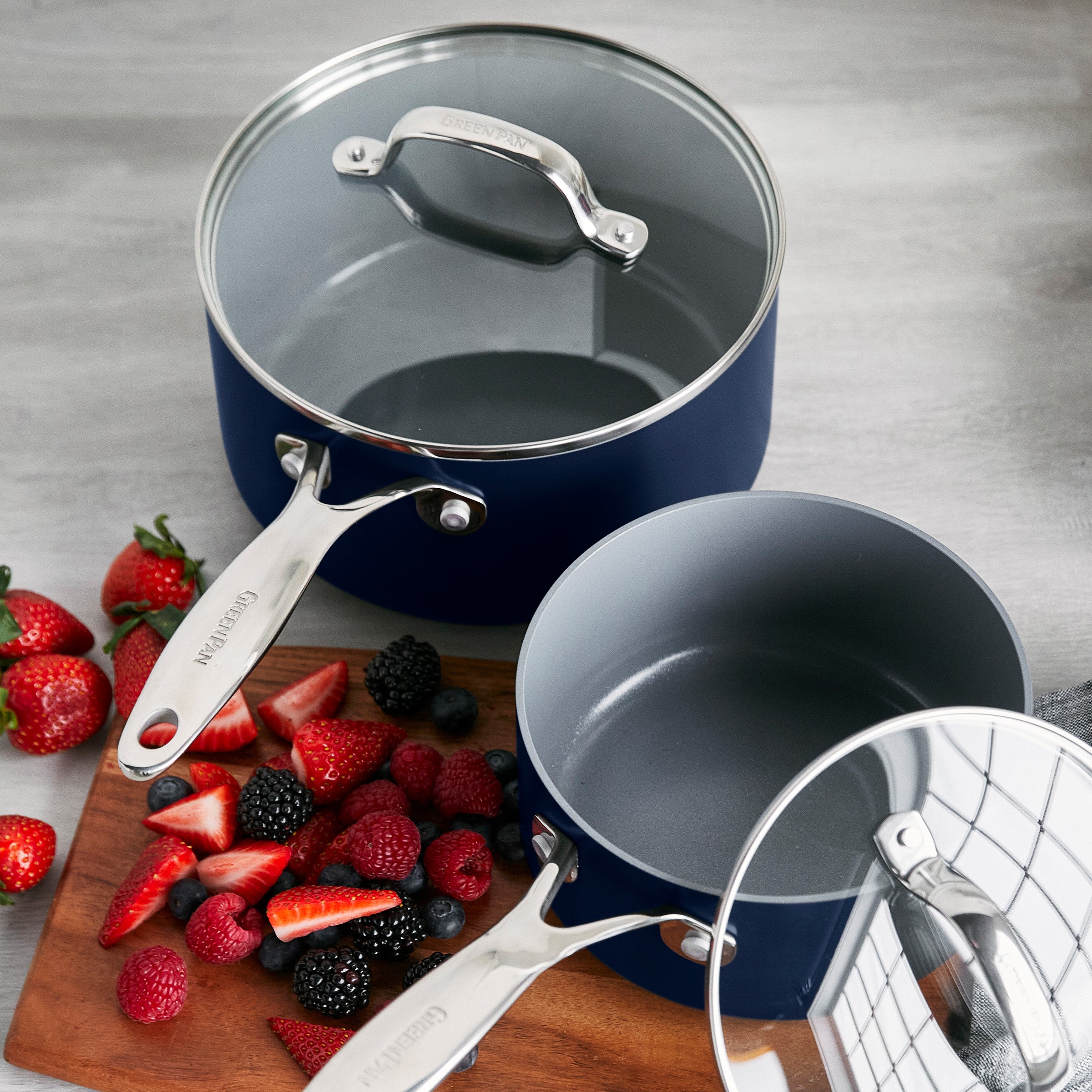 Valencia Pro Ceramic Nonstick 1.5-Quart and 3-Quart Saucepan Set with Lids | Twilight