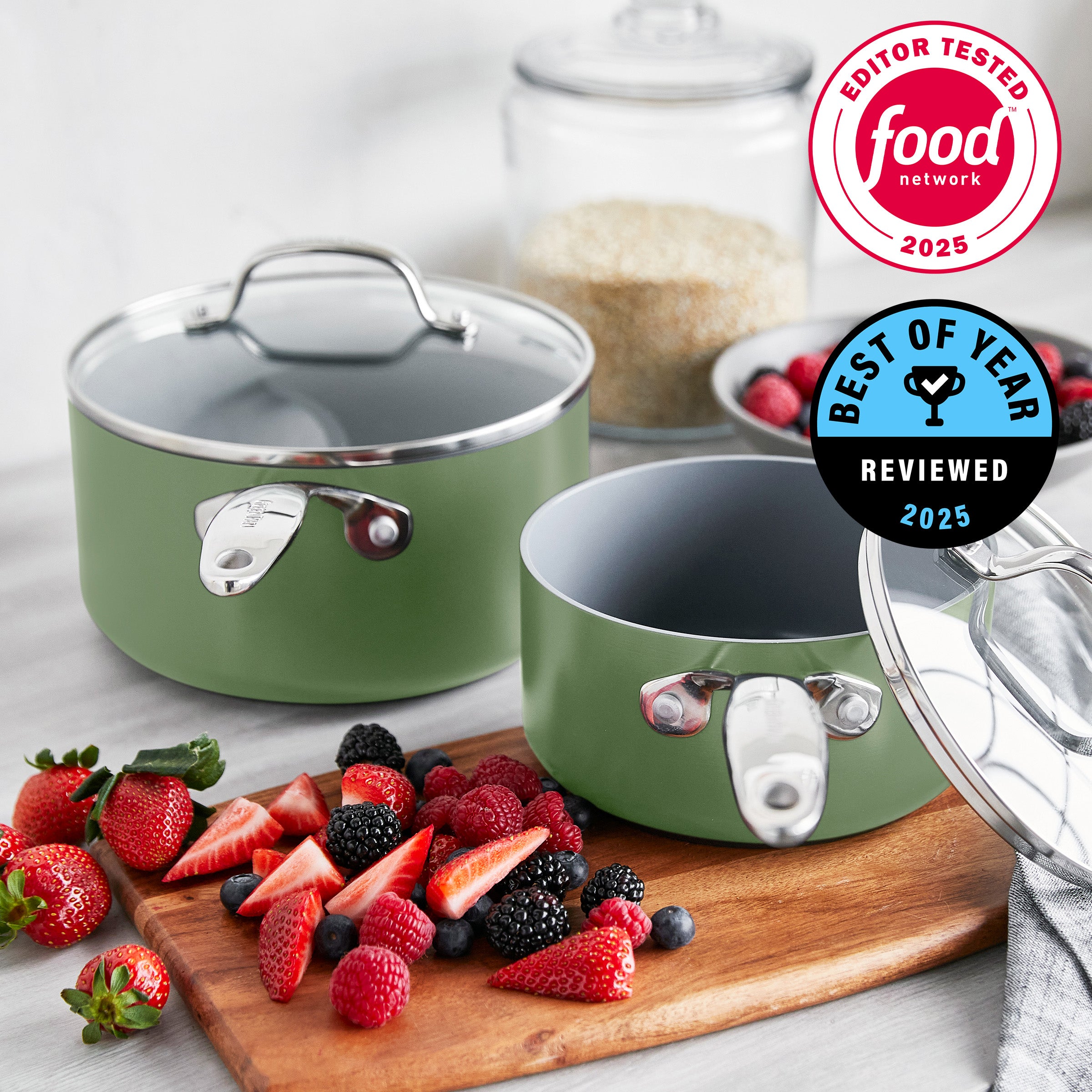 Valencia Pro Ceramic Nonstick 1.5-Quart and 3-Quart Saucepan Set with Lids | Sage