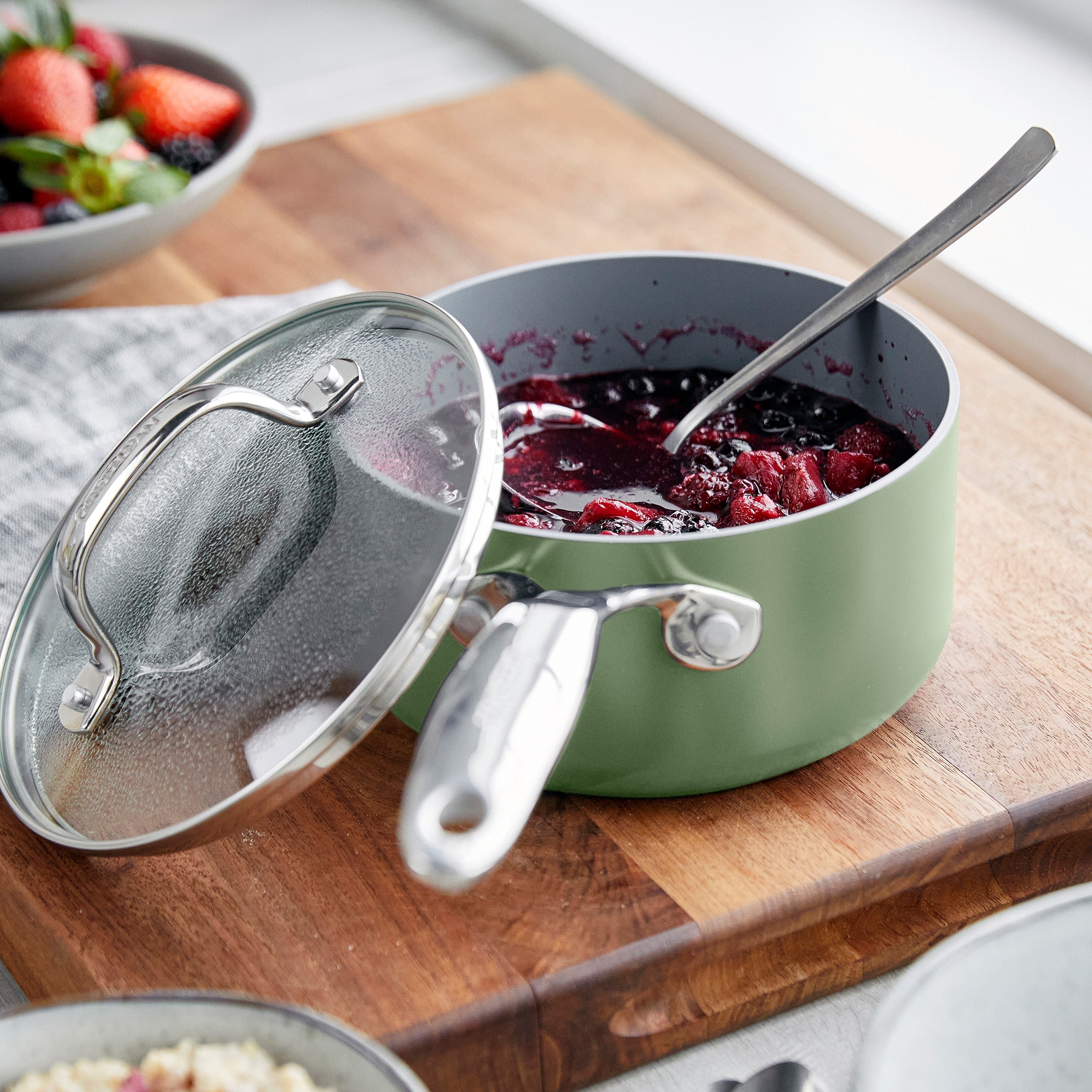 Valencia Pro Ceramic Nonstick 1.5-Quart and 3-Quart Saucepan Set with Lids | Sage