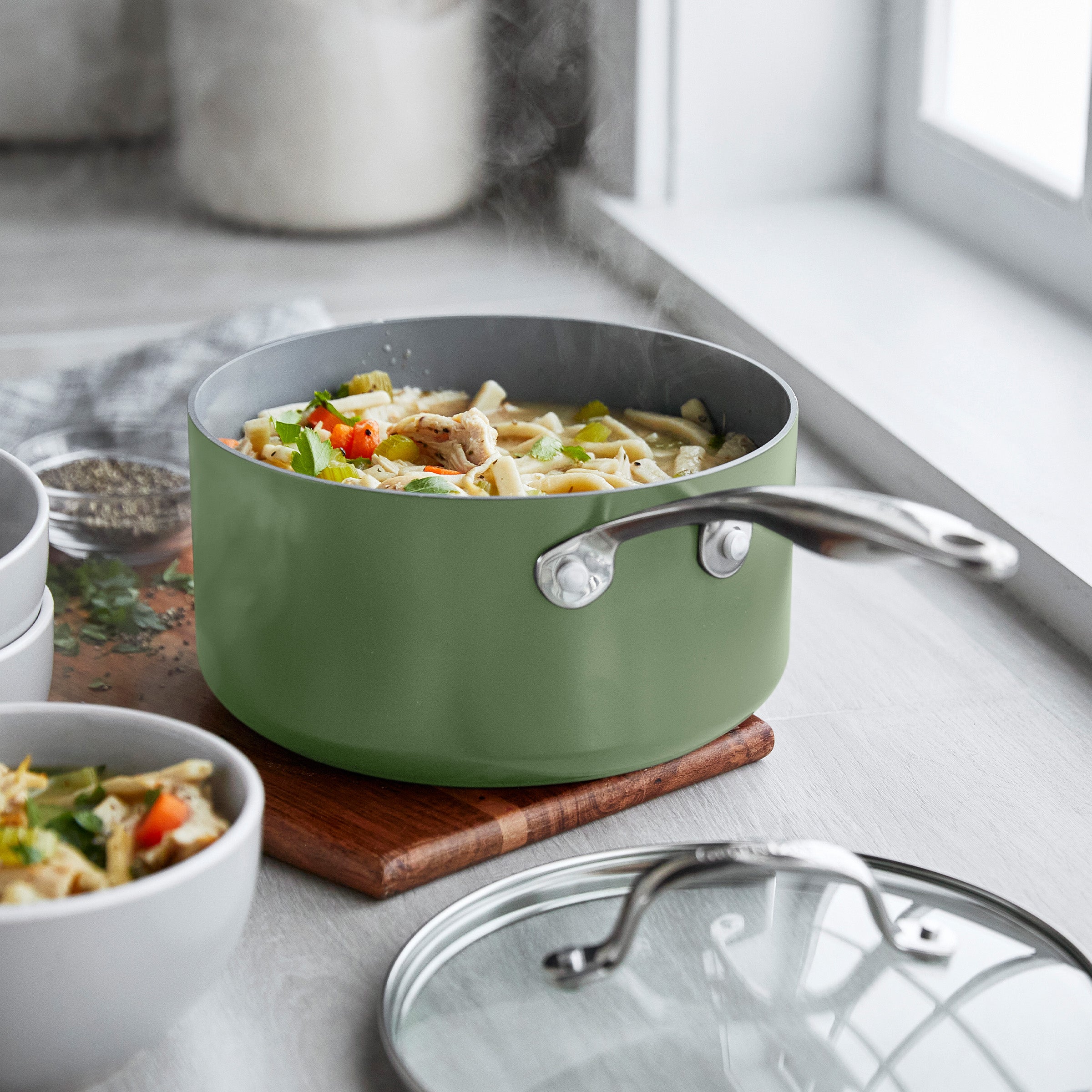 Valencia Pro Ceramic Nonstick 1.5-Quart and 3-Quart Saucepan Set with Lids | Sage