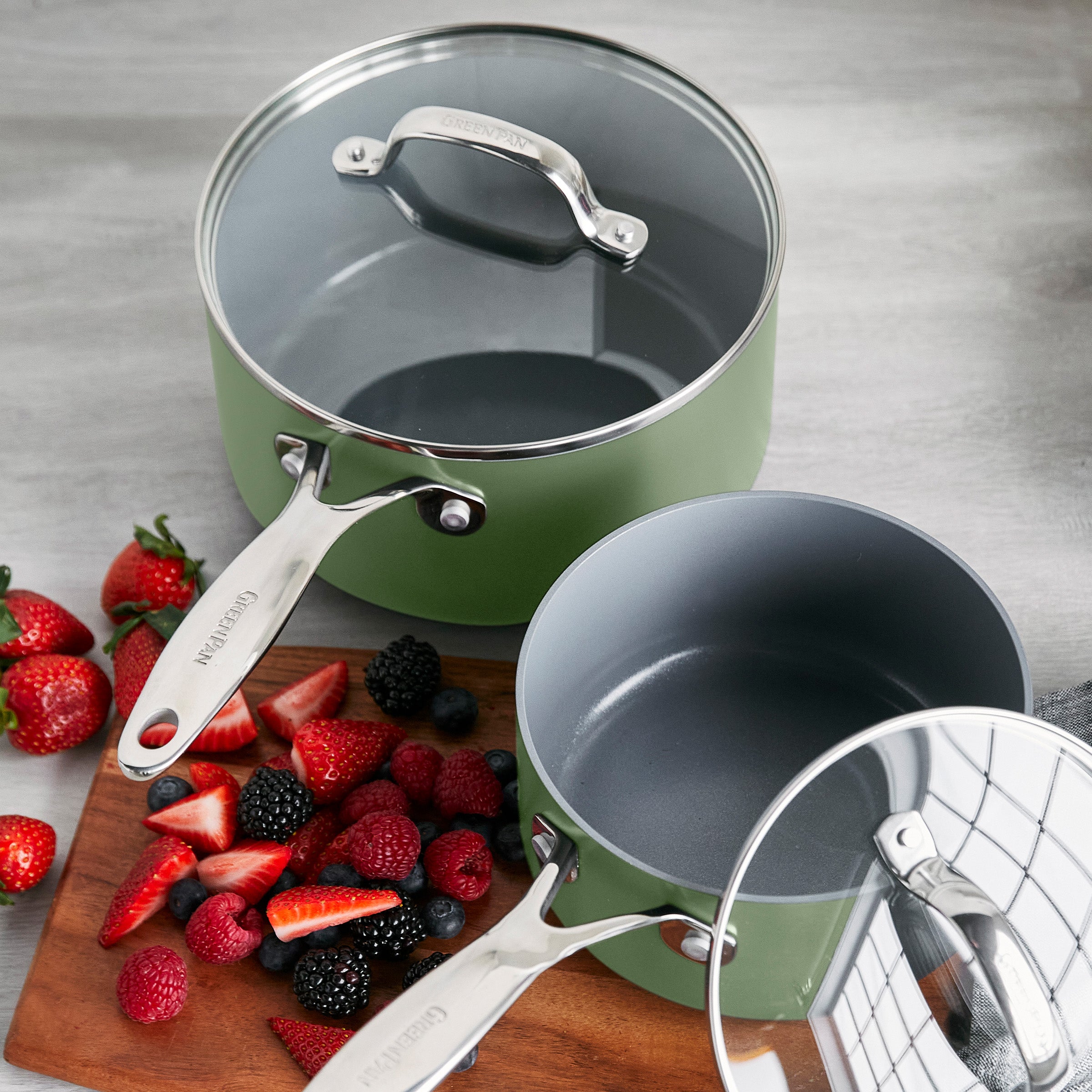 Valencia Pro Ceramic Nonstick 1.5-Quart and 3-Quart Saucepan Set with Lids | Sage