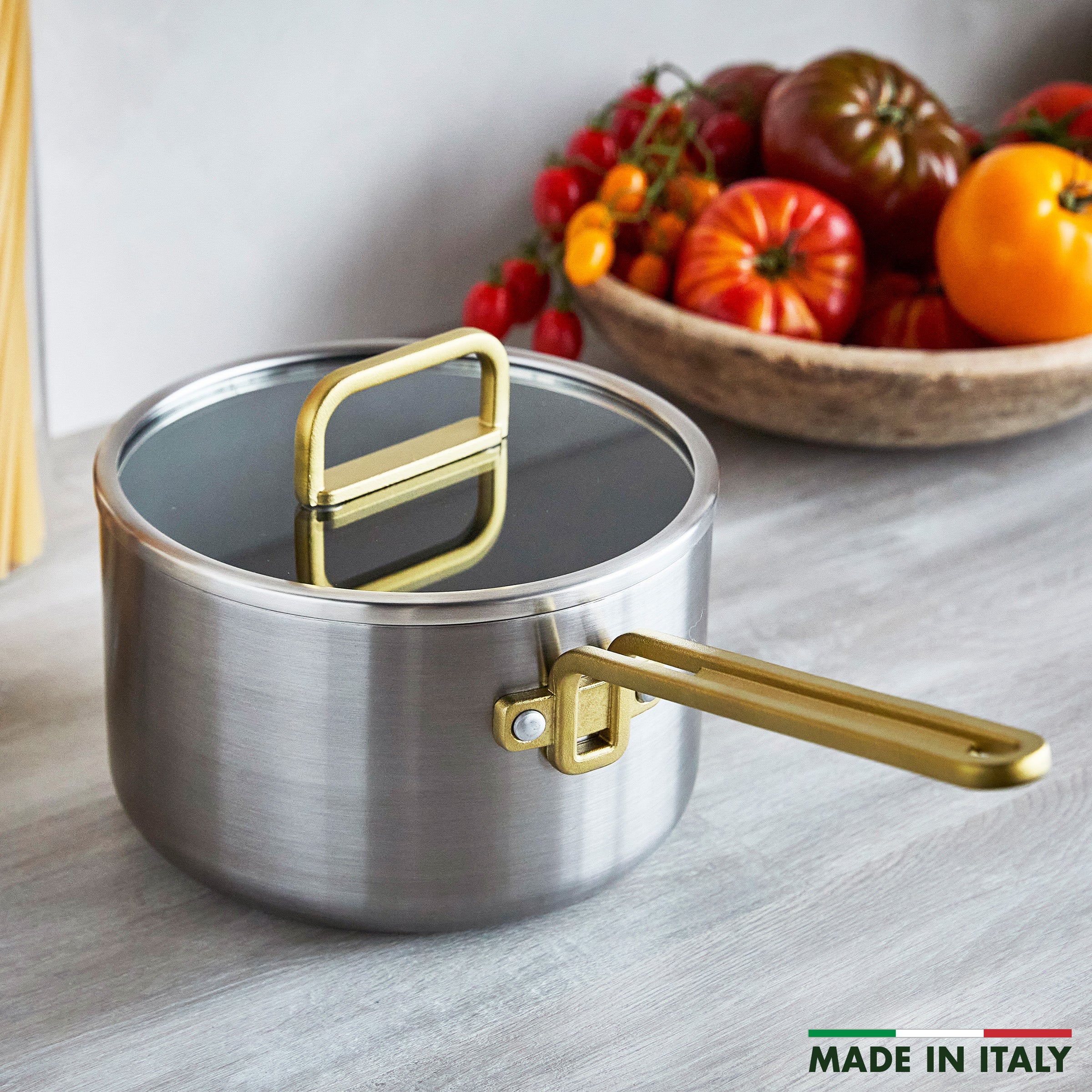 Stanley Tucci™ Stainless Steel Ceramic Nonstick 4-Quart Saucepan with Lid | Champagne Handles