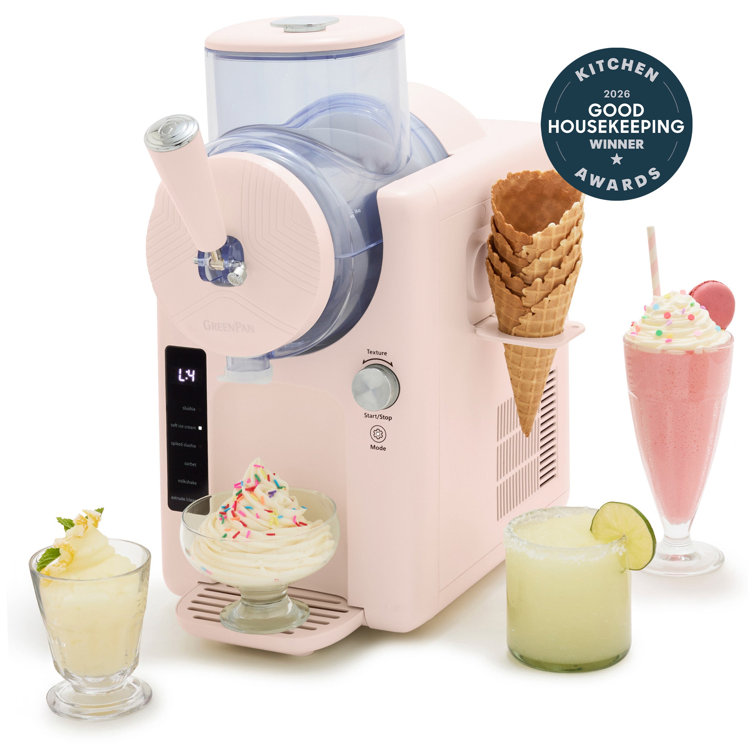 Cotton Candy pink 15-in-1 ice cream and frozen drink maker on a white background with an award badge