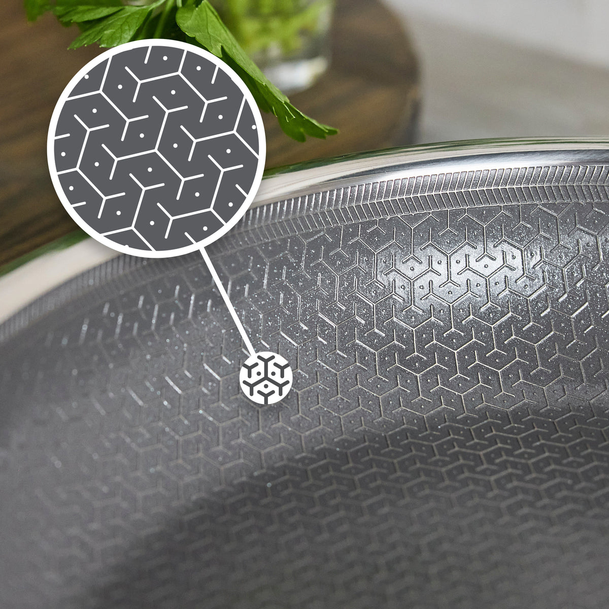 Spectra Diamond Thermobond hybrid ceramic nonstick frypan interior with a hexagonal pattern and magnified inset view.