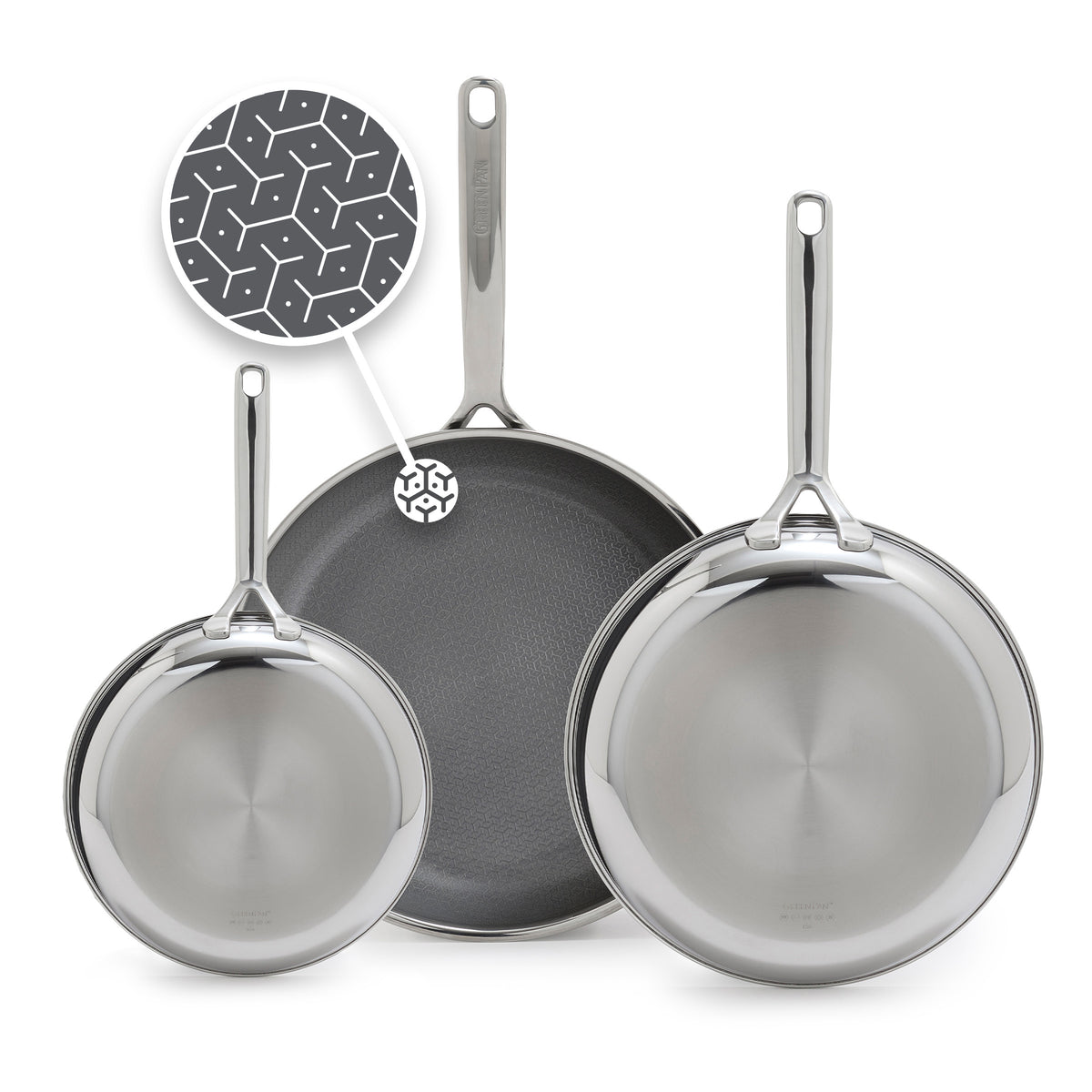 Spectra Diamond Thermobond hybrid ceramic nonstick frypan set in 8, 10, and 12-inch sizes, featuring a geometric surface pattern inset.