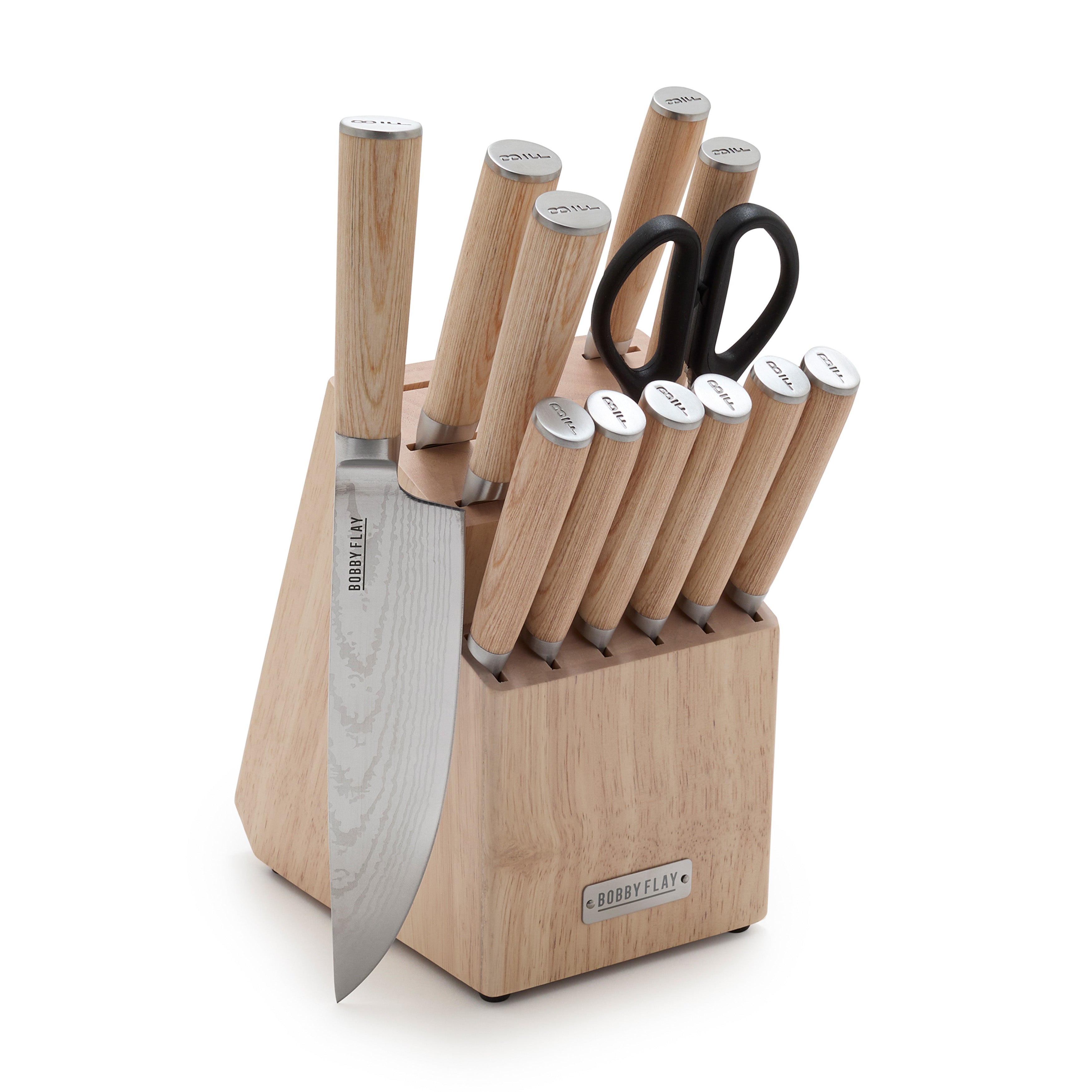 Set of knives with wood print handles and a block on a white background