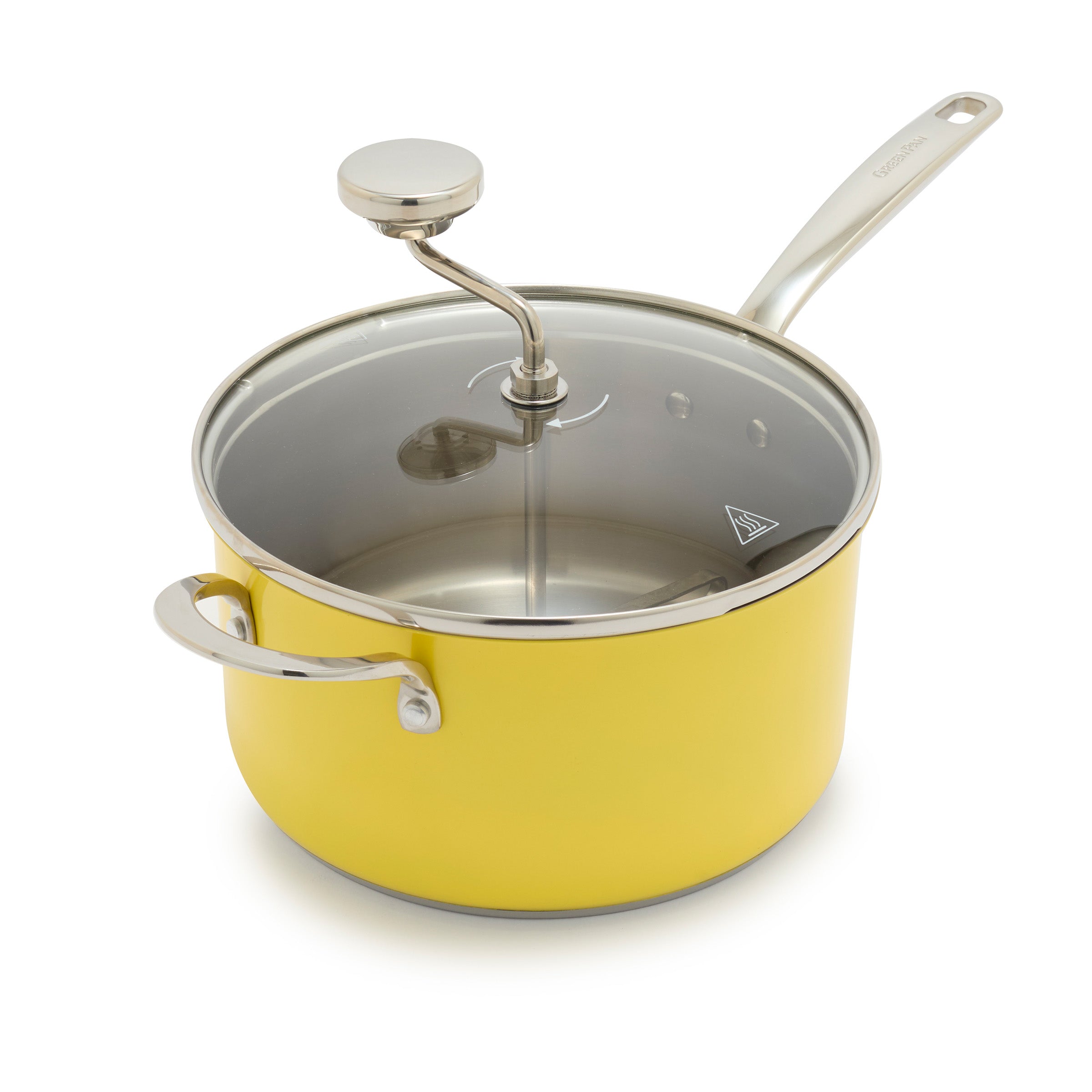 Yellow popcorn maker with a glass lid, stainless steel handle, and built-in thermometer.
