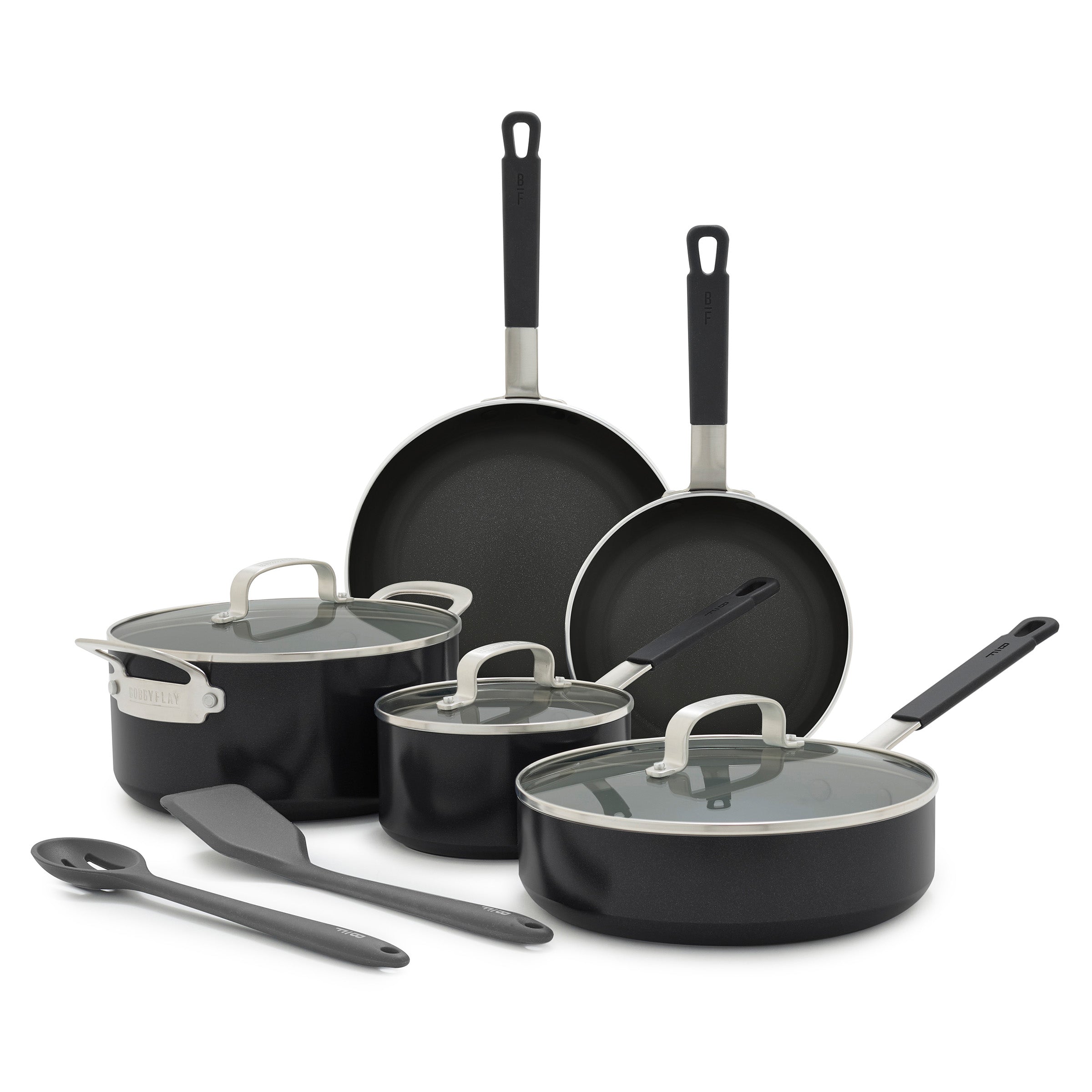 10-piece black ceramic cookware set with pots, pans, lids, spatula, and spoon arranged on a white background.