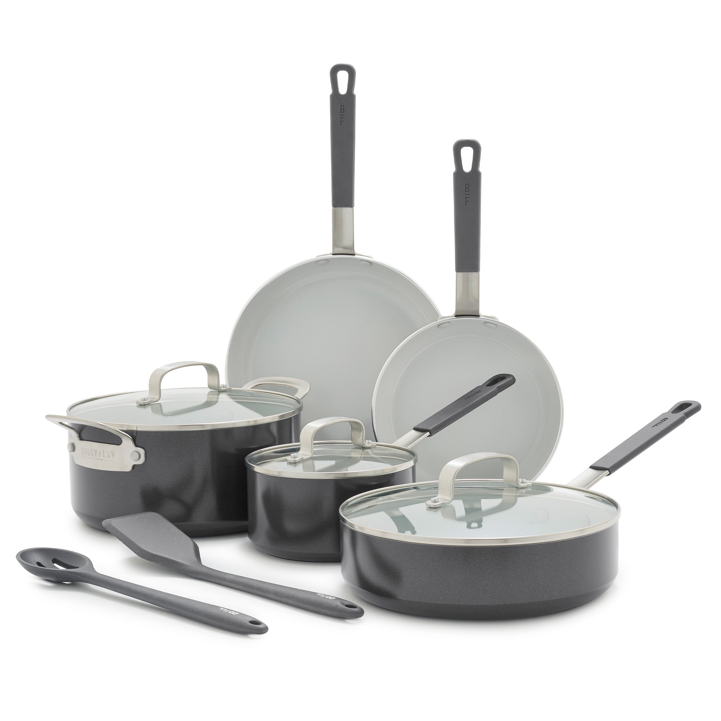 10-piece graphite ceramic nonstick cookware set with pots, pans, and utensils displayed on a white background.