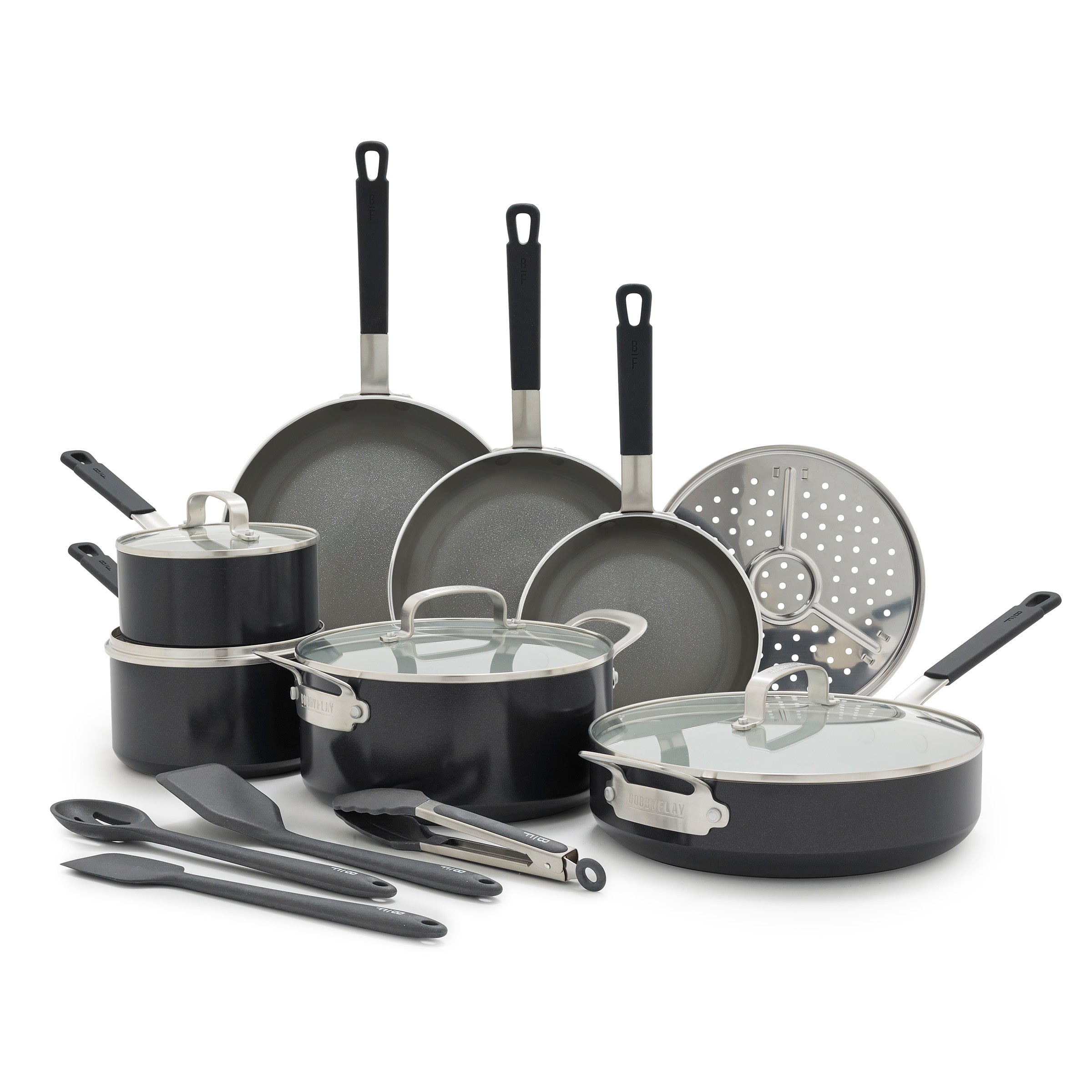 Black ceramic cookware set with pots, pans, lids, utensils, and steamer; aluminum construction; 16 pieces shown.