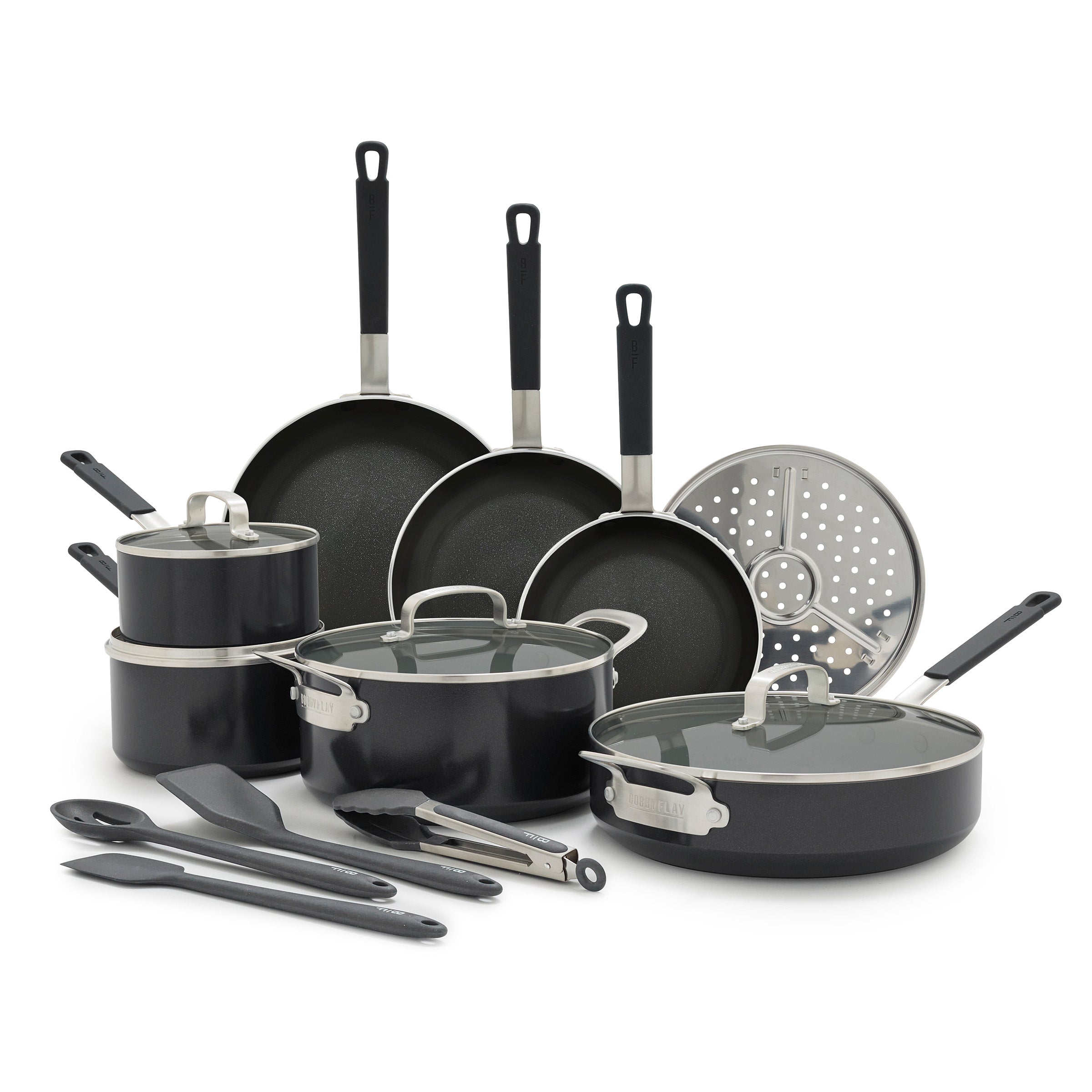 Black 16-piece cookware set with pots, pans, lids, utensils, and a steamer arranged on a white background.