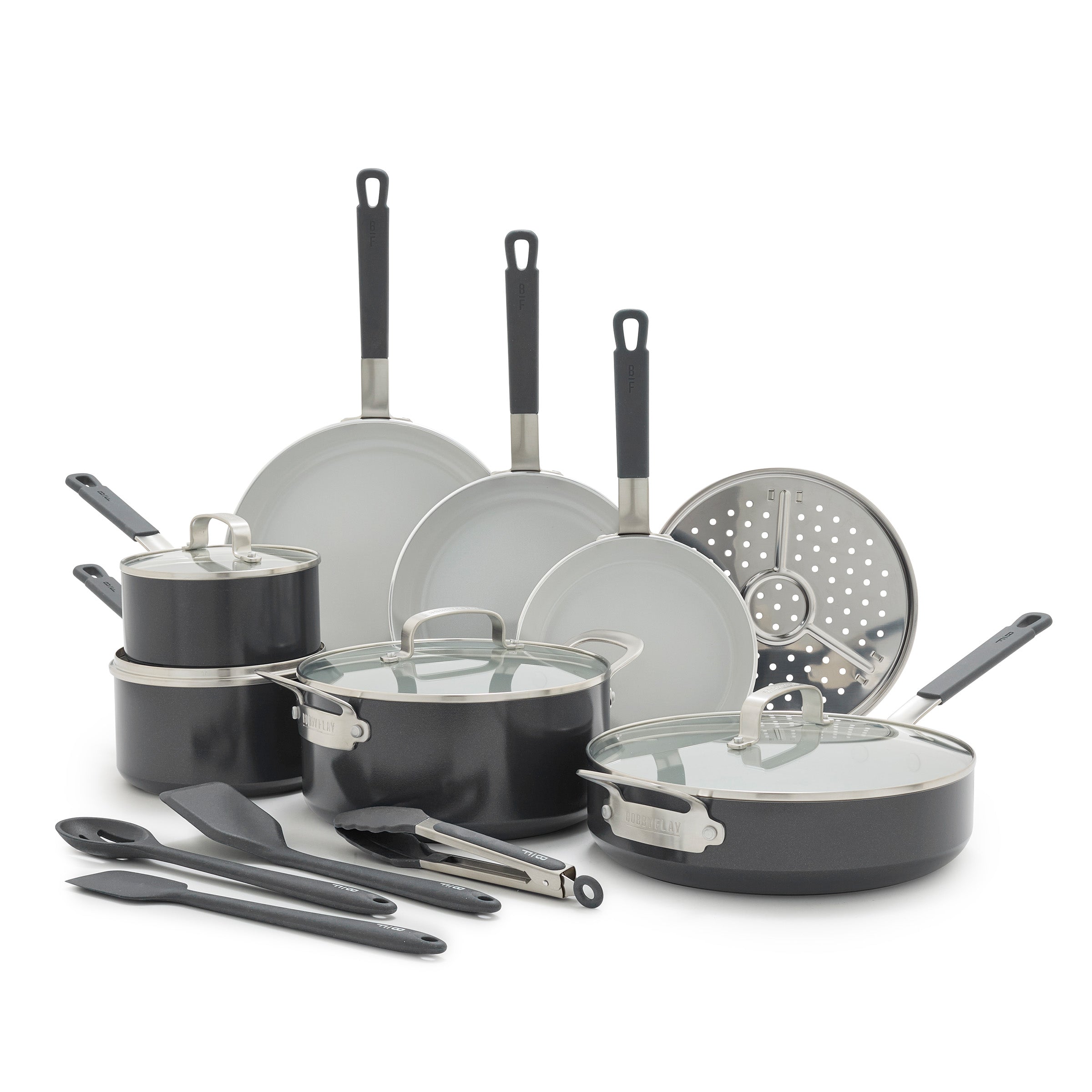 Graphite ceramic cookware set with pots, pans, glass lids, utensils, and a steamer; 16 pieces shown.