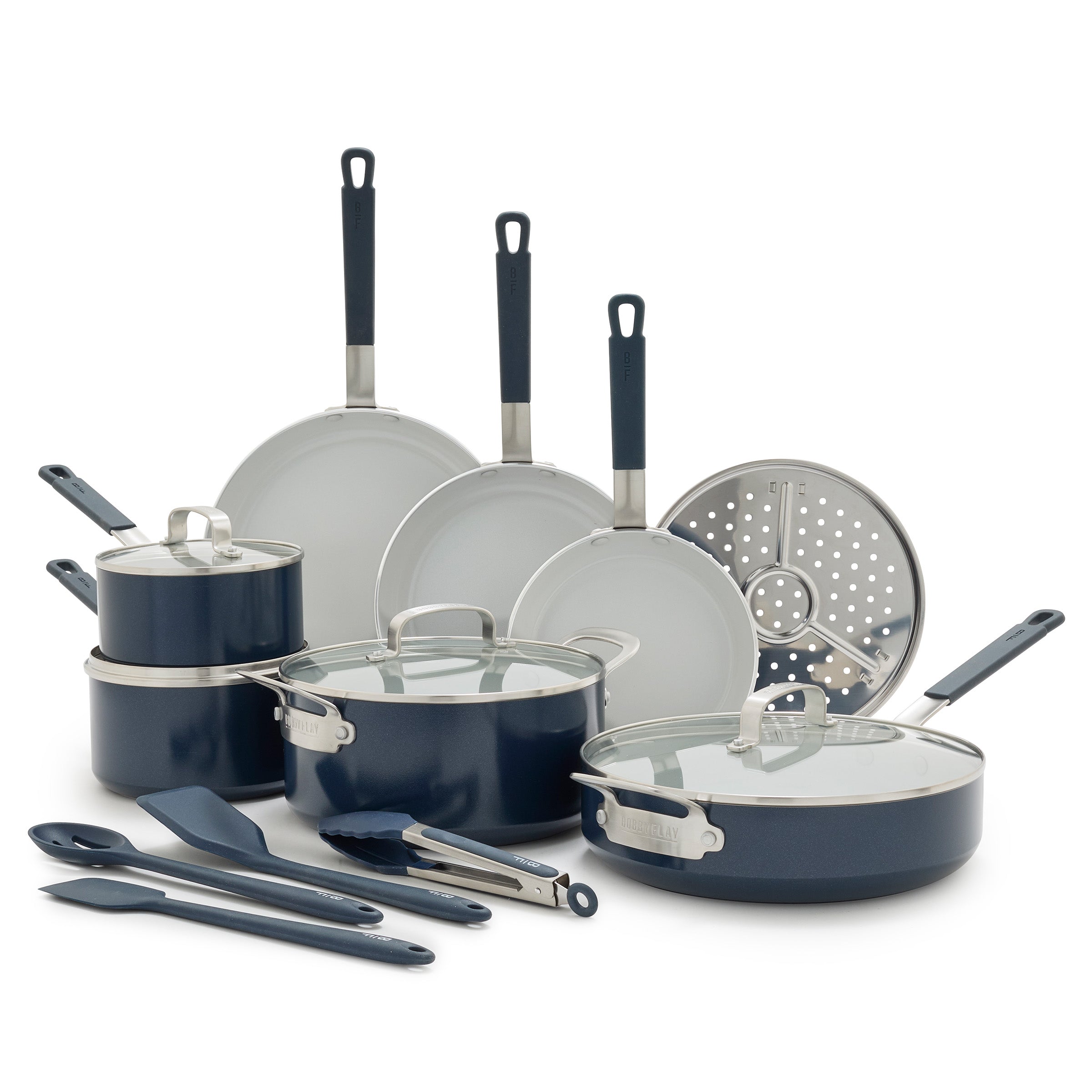 Oxford Blue 16-piece cookware set with aluminum pots, pans, glass lids, utensils, and a steamer insert.