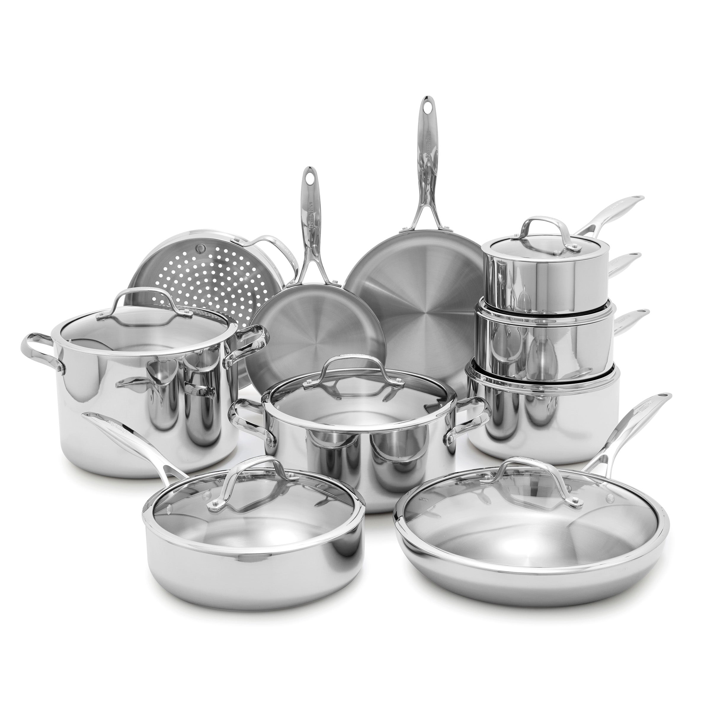 Set of stainless steel cookware on a white background