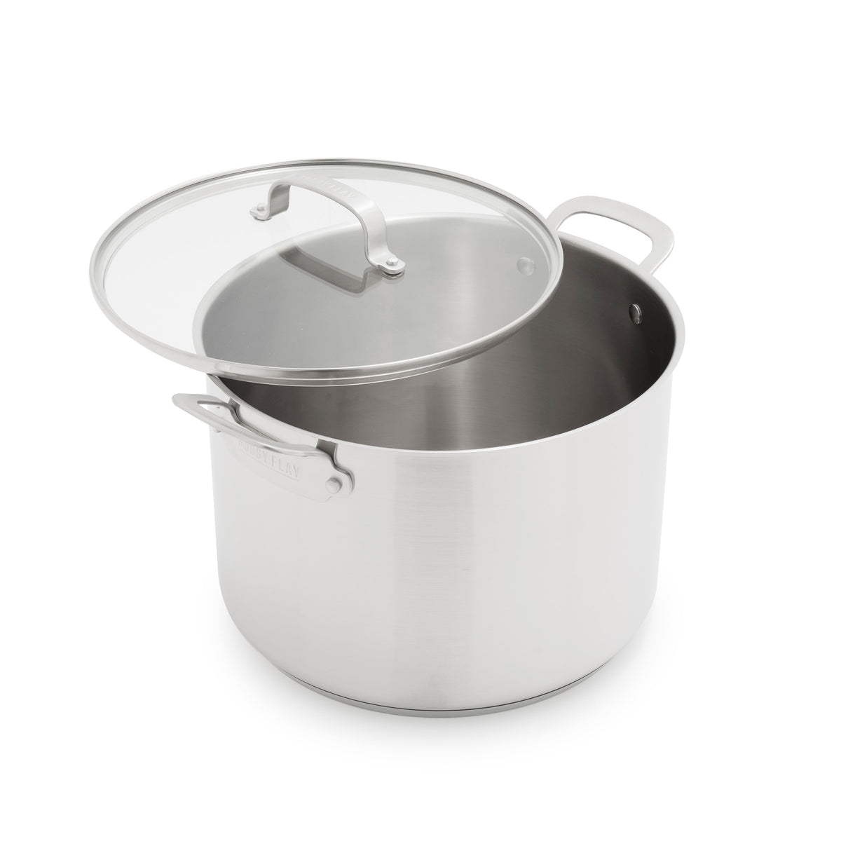 Bobby Flay by GreenPan 12-quart stainless steel stockpot with two side handles and a glass lid.