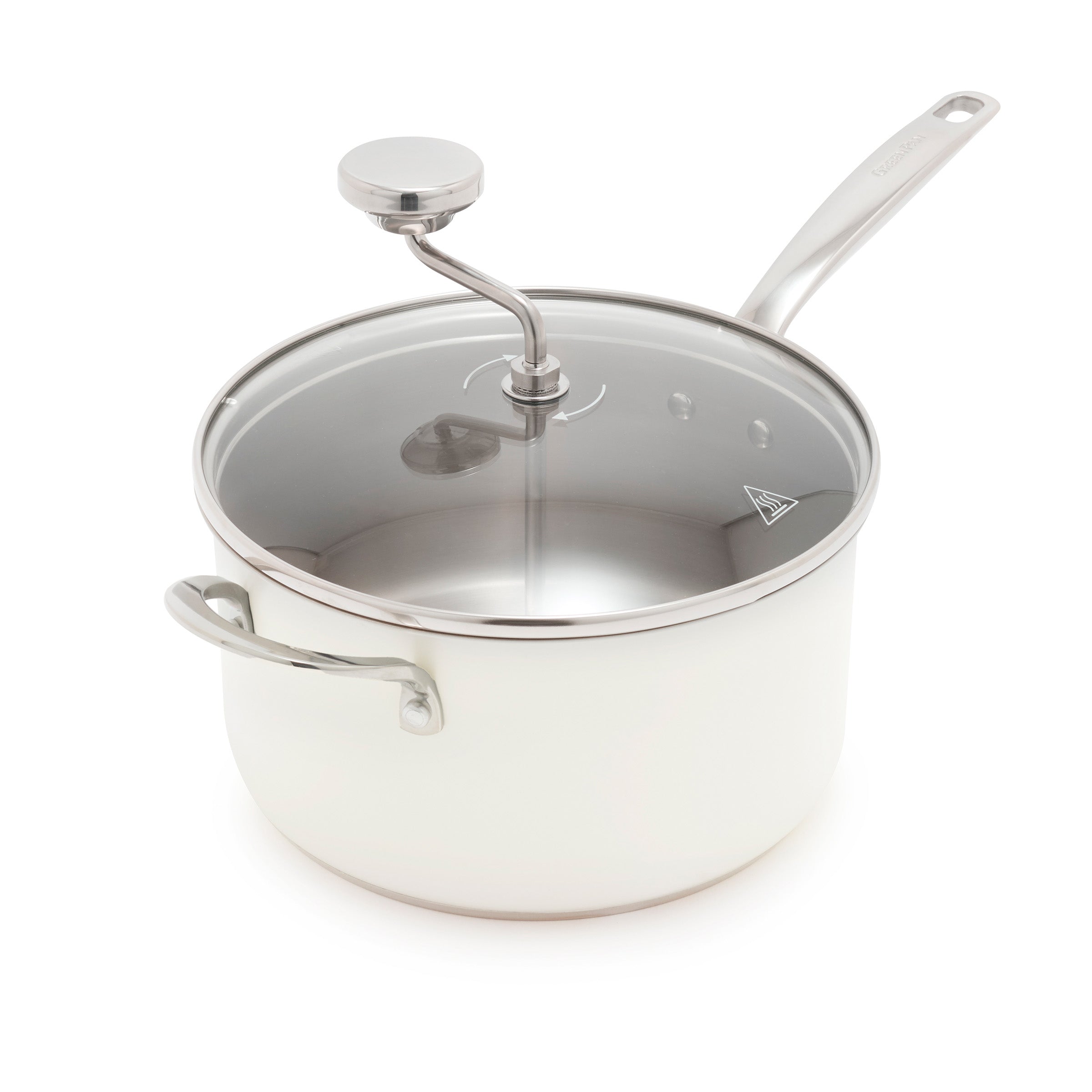 White stovetop popcorn maker with a glass lid and built-in stirrer.