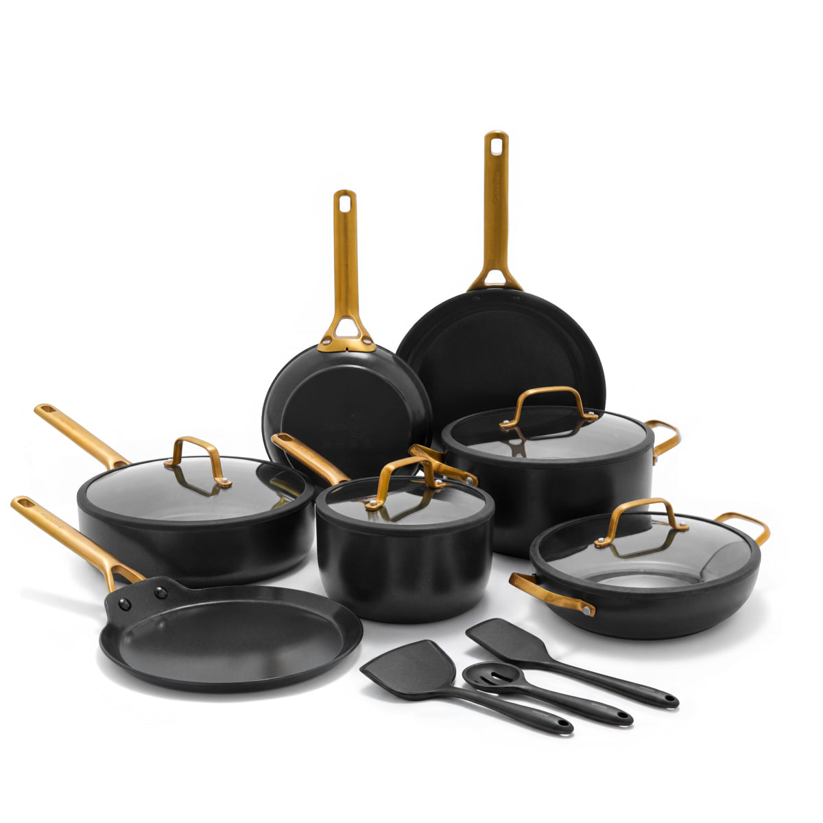 Black 14-piece ceramic cookware set with stackable pots, pans, matching lids, utensils, and gold handles.
