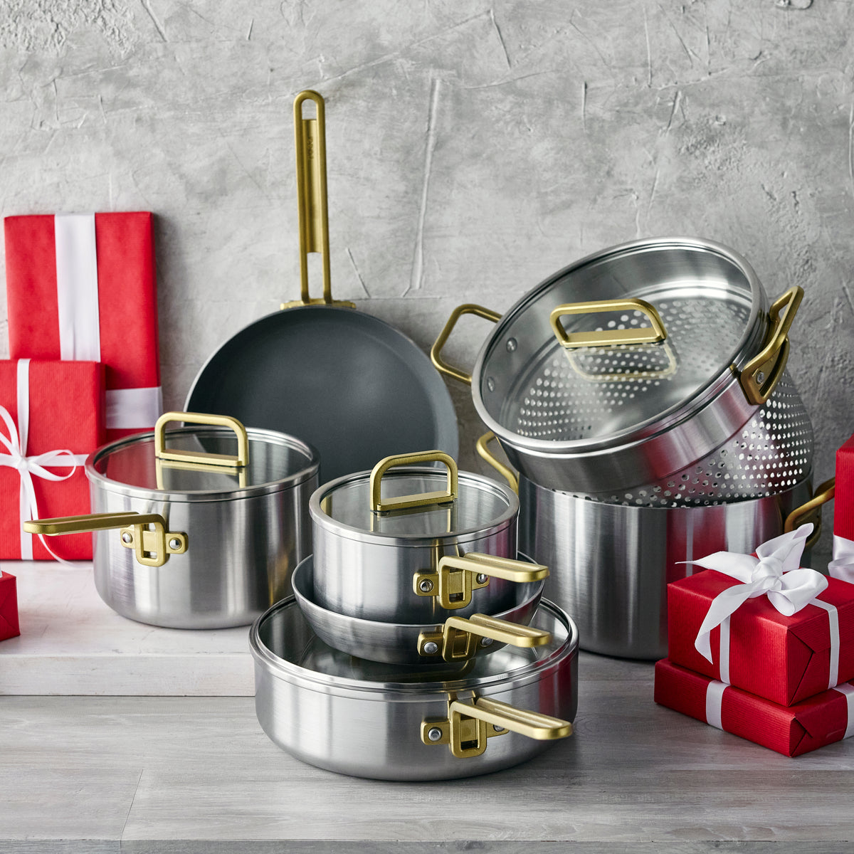 Stanley Tucci™ Stainless Steel Ceramic Nonstick 11-Piece Cookware Set with The Tucci Cookbook | Champagne Handles