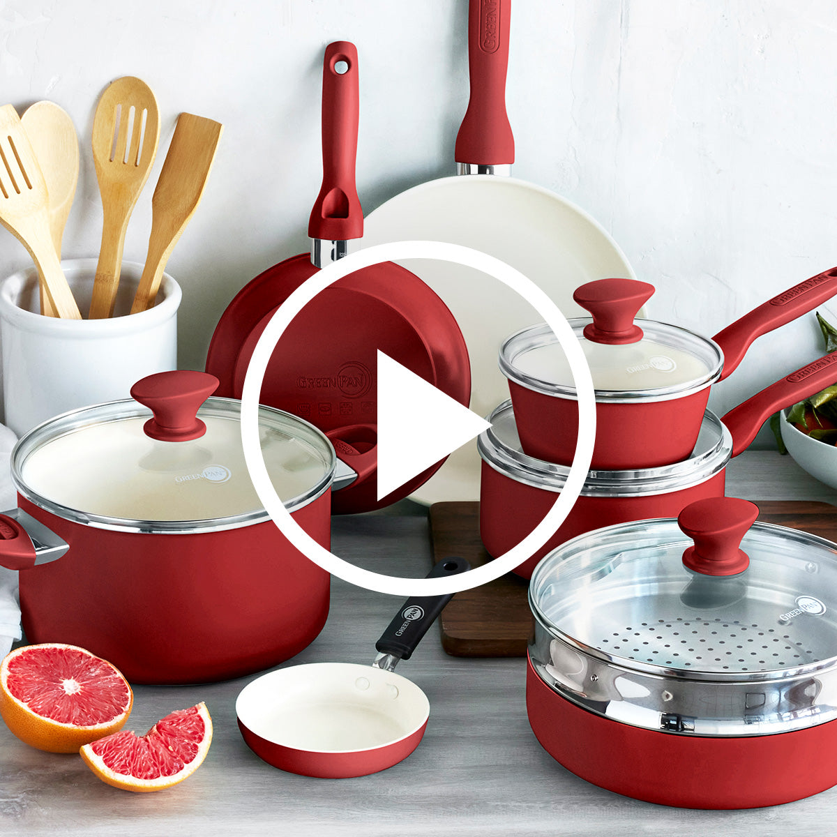 GreenPan - Rio Ceramic Non-Stick 16-Piece Cookware Set - Red