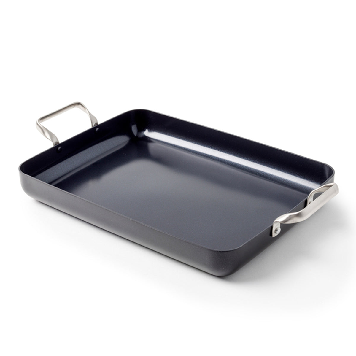 Dark gray ceramic nonstick 13.8″ x 10″ rectangular roasting pan with silver side handles.