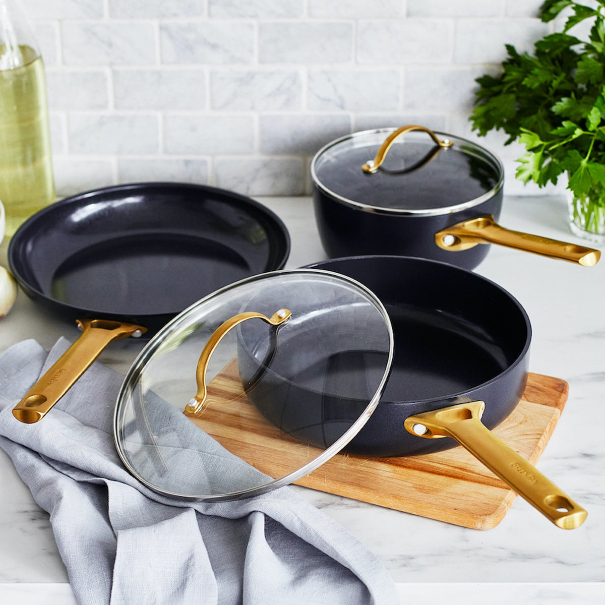 Reserve Ceramic Nonstick 5-Piece Cookware Set, Black with Gold-Tone H