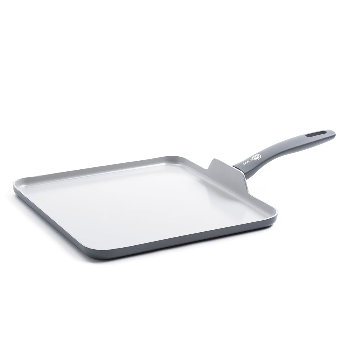 Square aluminum griddle pan with ceramic nonstick coating and long handle, displayed on a white background.