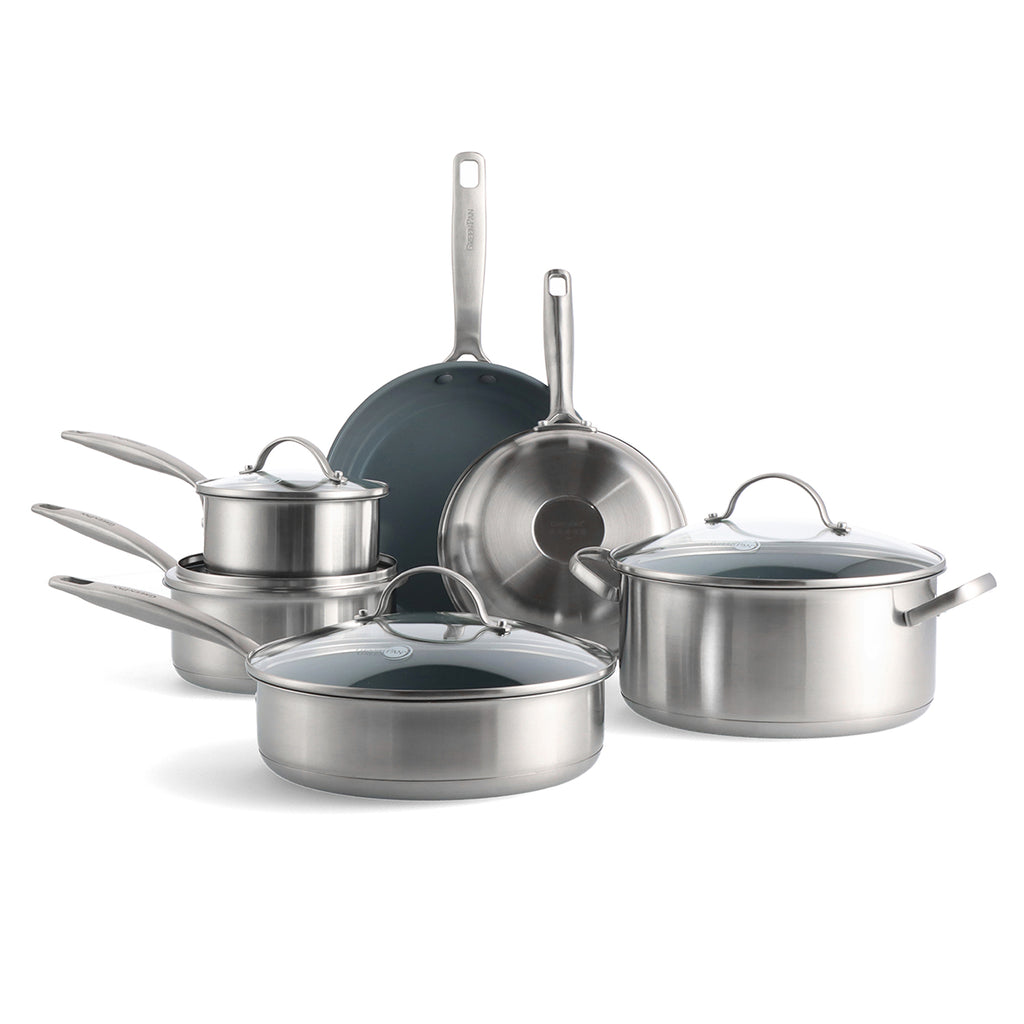 GreenPan Treviso Stainless Steel Healthy Ceramic Nonstick, 10 Piece Cookware Pots and Pans Set, PFAS-Free, Clad, Induction, Dishwasher Safe, Silver
