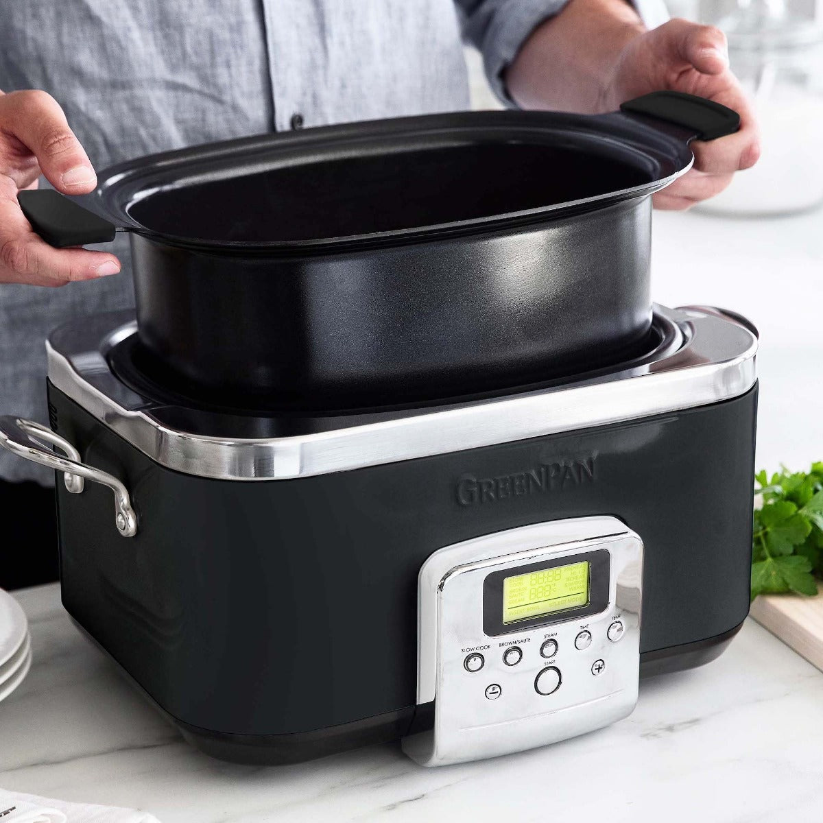 GreenPan Matte Black 13-in-1 Air Fryer Slow Cooker & Grill, Presets to  Steam Saute Broil Bake and Cook Rice, Healthy Ceramic Nonstick and  Dishwasher