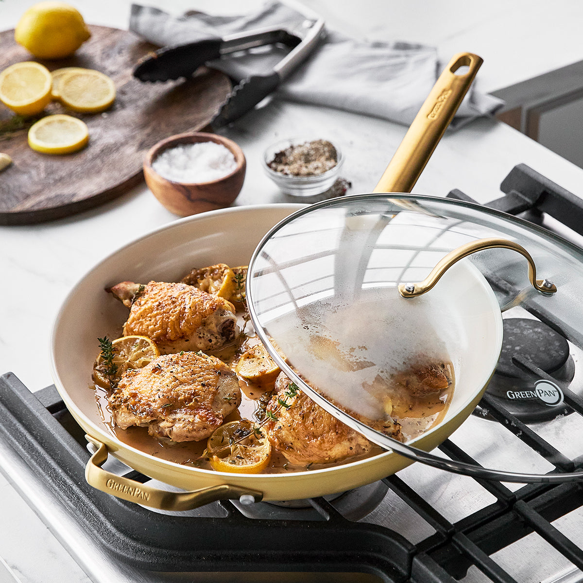 Reserve Ceramic Nonstick 12 Frypan with Helper Handle and Lid | Sunrise  with Gold-Tone Handles