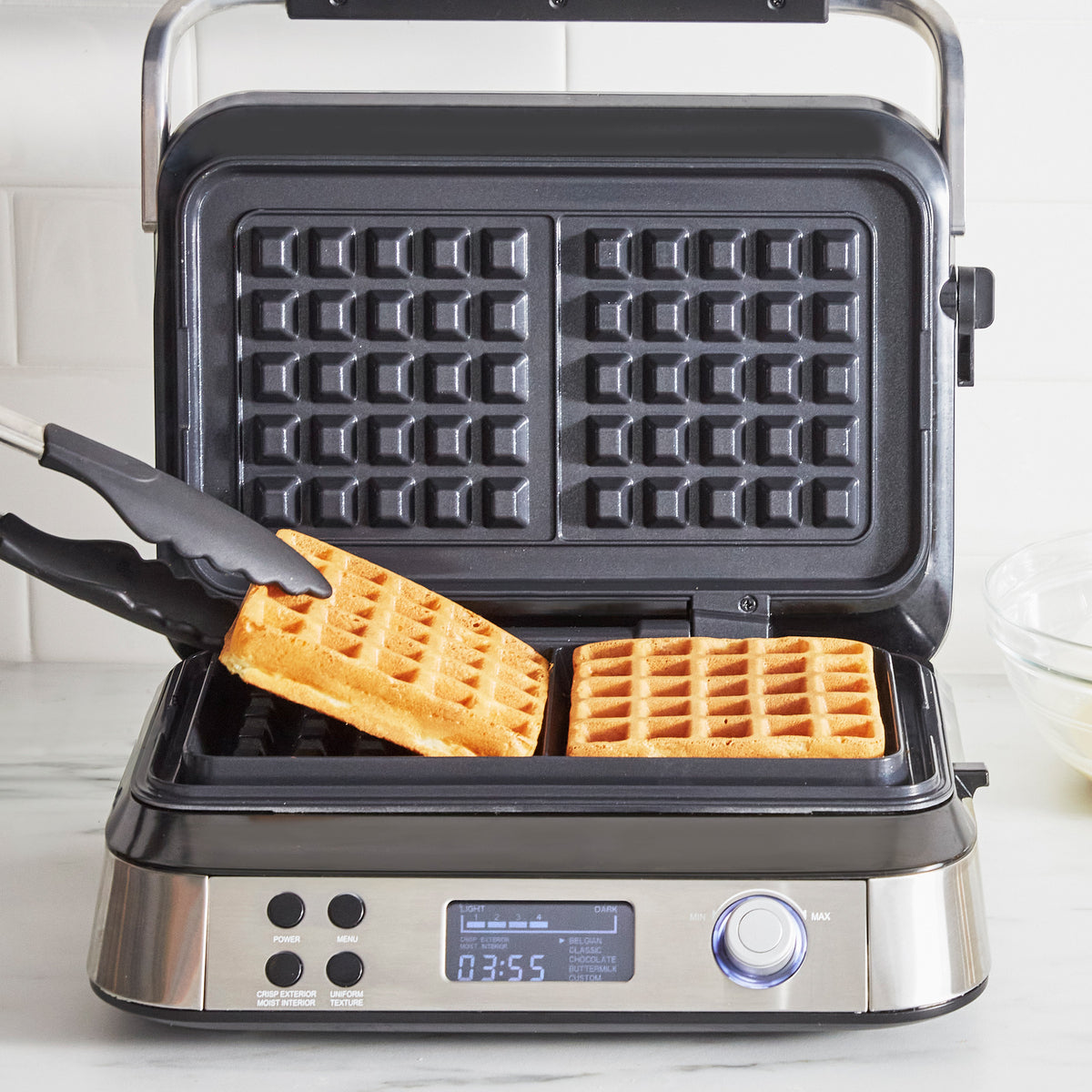 Greeze Double Belgian Waffle Maker, 1400W Newest Stainless Steel Waffle Iron 180° Flip, 8 Slices, Rotating & Nonstick Plates with Locking Buckle 
